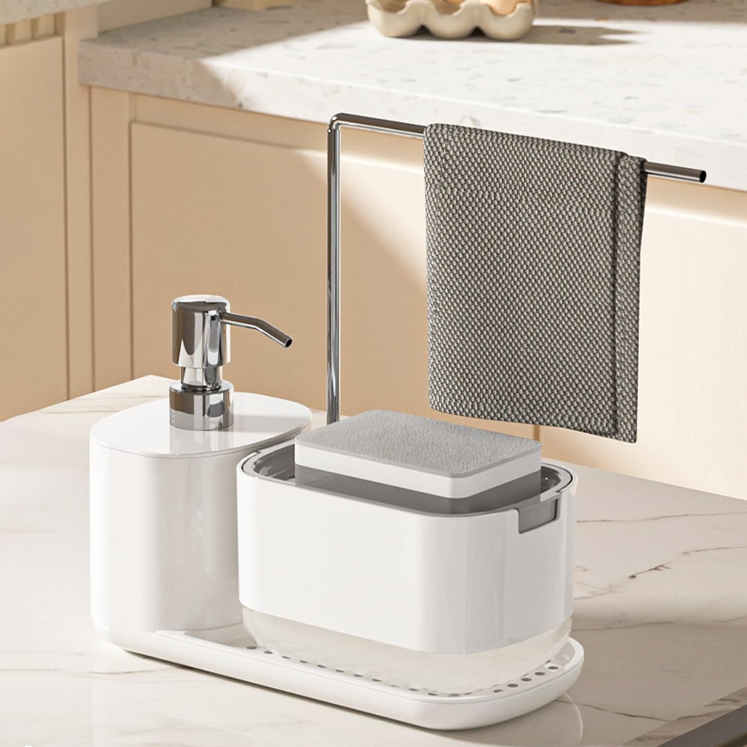 AMZYYDS 4 in 1 Hand Soap and Dish Soap Dispenser for Kitchen with Sink Organizer Dual Dispenser for Dishwashing and Hand Washing,Kitchen Sink Caddy for Storage of Sponges and Washcloths (White)