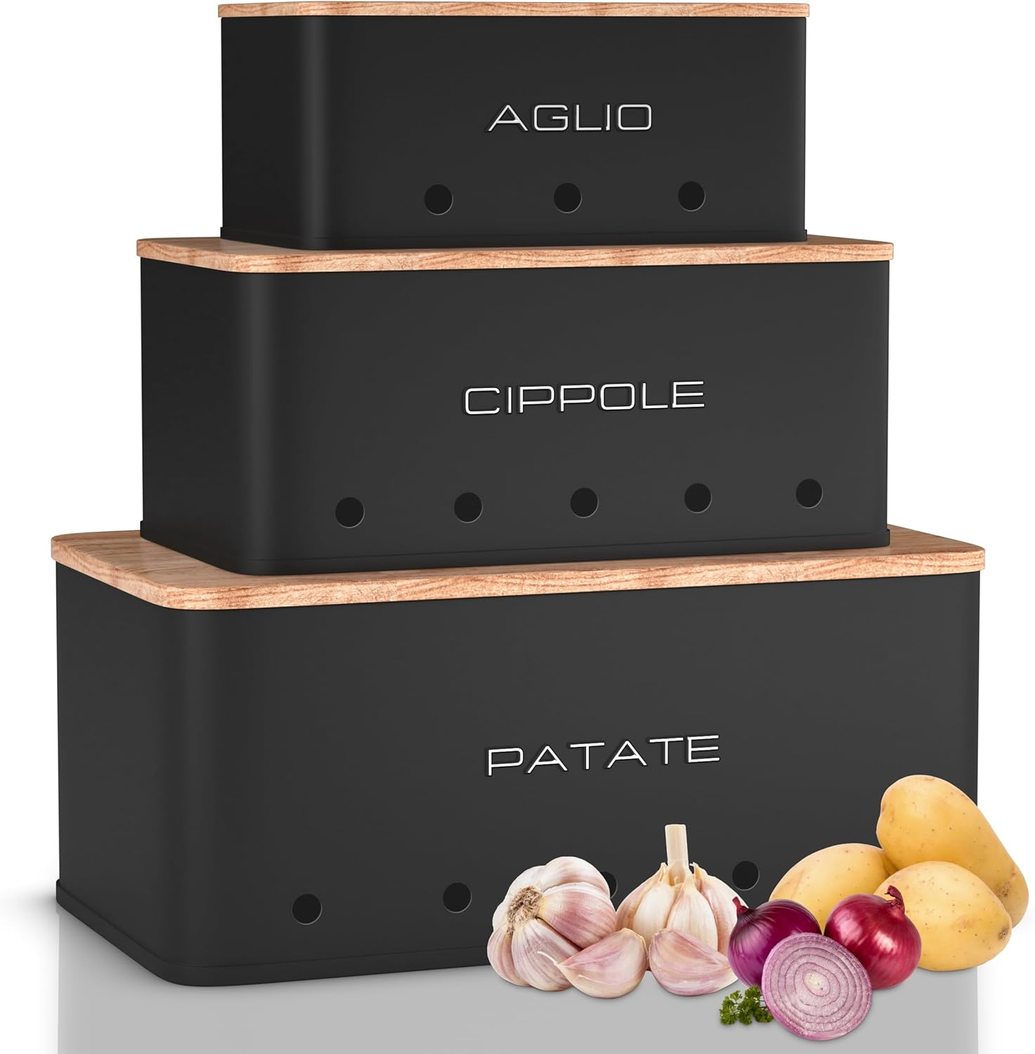 KOOK TIME Potato Storage Box - Set of 3 Storage Potatoes Onions Garlic - Vegetable Storage with Small Ventilation Holes to Ensure Air Circulation (Black)