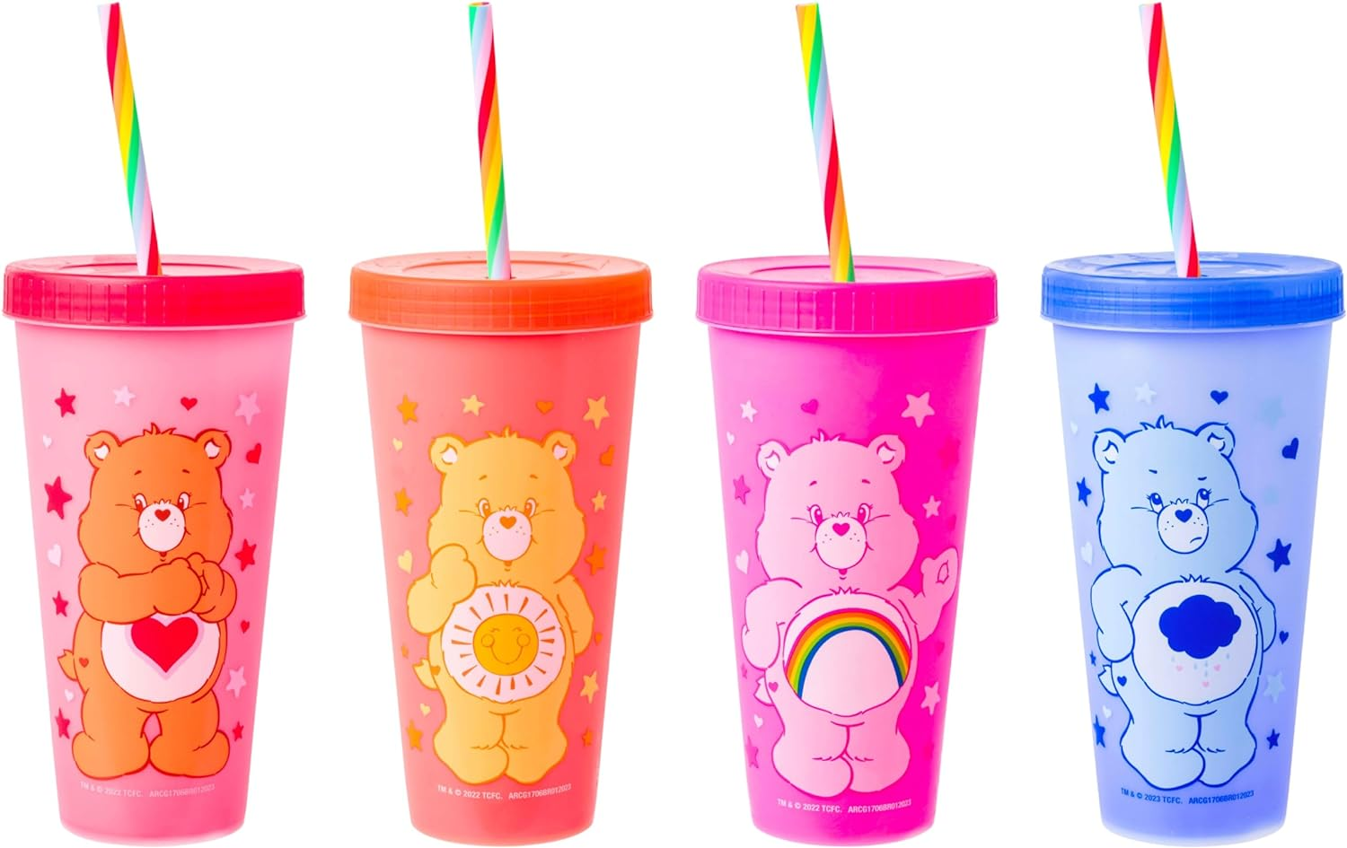 Silver Buffalo Care Bears Hearts Rainbow Swirl Straw 4 Pack Color Change Plastic Tumbler, 24 Ounces