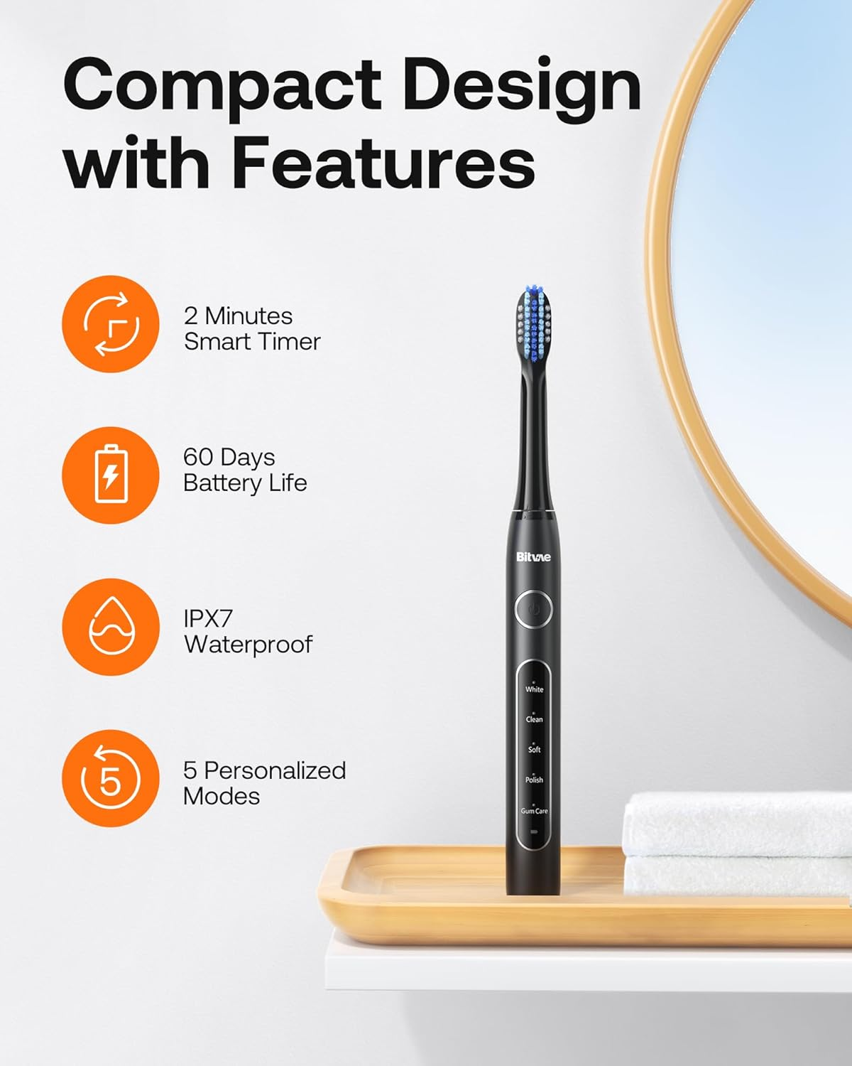 Bitvae Sonic Electric Toothbrush for Adults and Kids, ADA Accepted Travel Electric Toothbrush with Rechargeable 60-Day Battery Life, 8 Toothbrush Heads, 5 Modes, Toothbrush Holder, Black image number 2