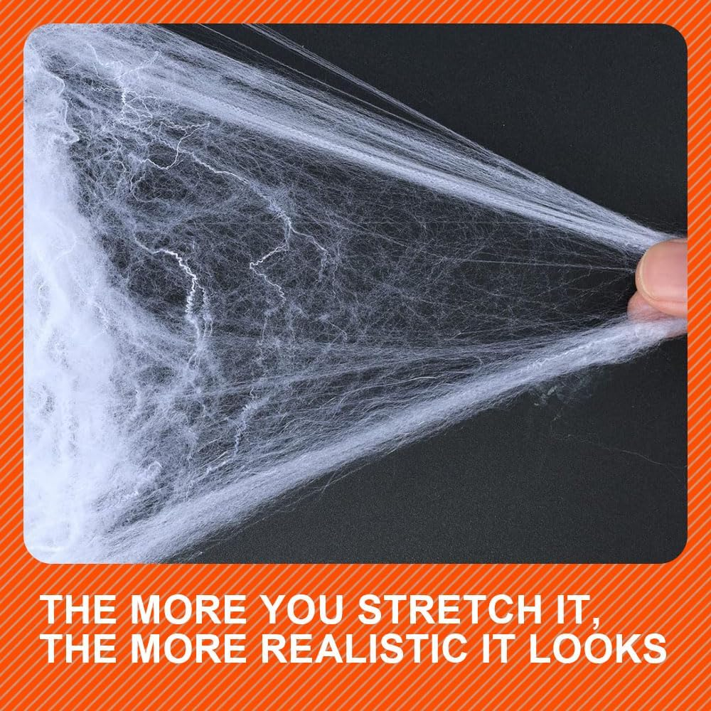 420G Halloween Cobweb Spider Decor 1400Sqft Webs with 150 PCS Spiders, Super Stretchy Spider Webbing with 150 Fake Spiders for Scary Indoor & Outdoor Halloween Decorations image number 4