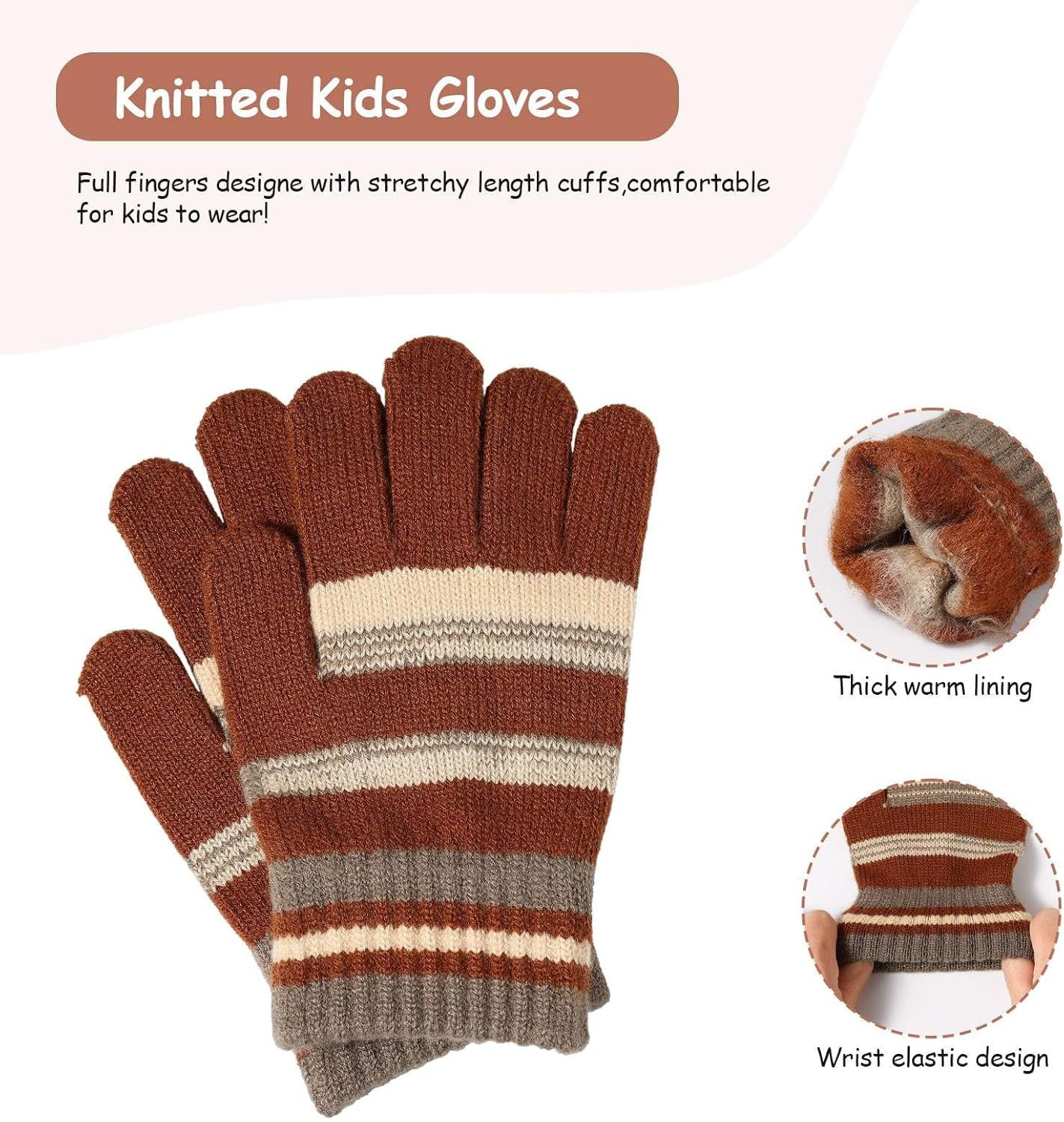 OZERO Kids Toddlers Winter Knit Warm Beanie Hat Scarf Gloves Set for Boys Girls Age 5-10, Knit Cap Neck Warmer Gloves Fleece Lined image number 6