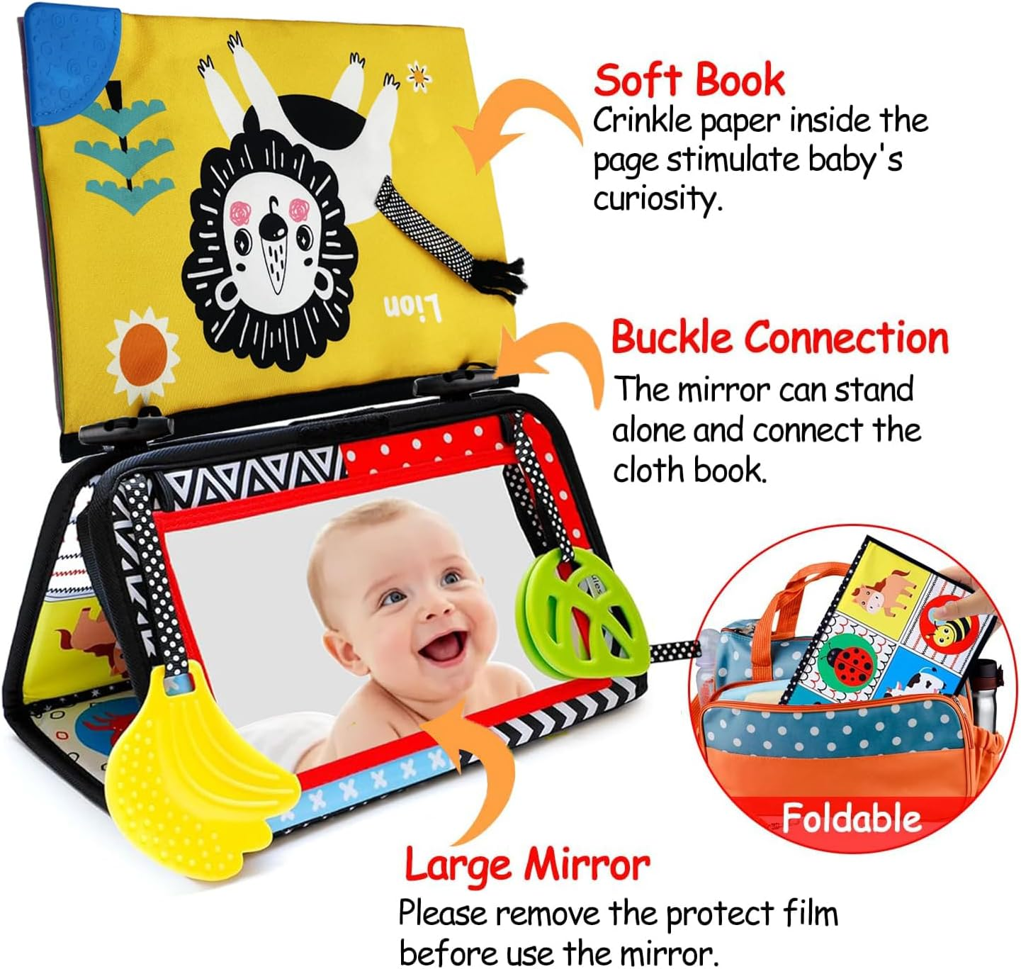 Tummy Time Floor Mirror, Black and White Baby Book, High Contrast Crinkle Cloth Book with Teethers, Activity Developmental Gift Toys for Infants Newborn Boys Girls 0-12 Months image number 4