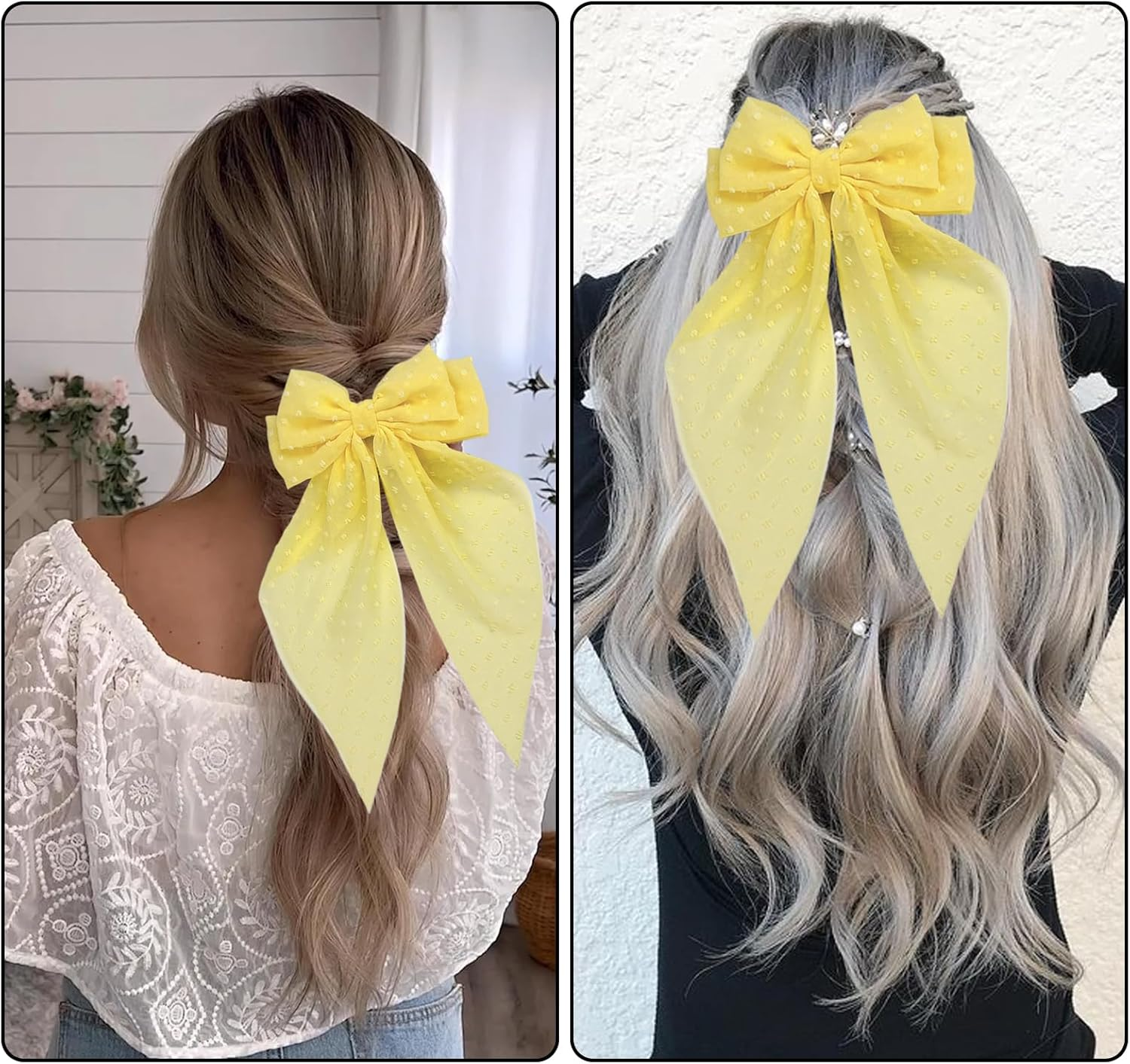 1 Pcs Silky Satin Hair Bows,Yellow Hair Bow, Yellow Hair Accessories,Yellow Bow Large Tulle Layered Hair Clip Hair Accessories for Women and Girls image number 6