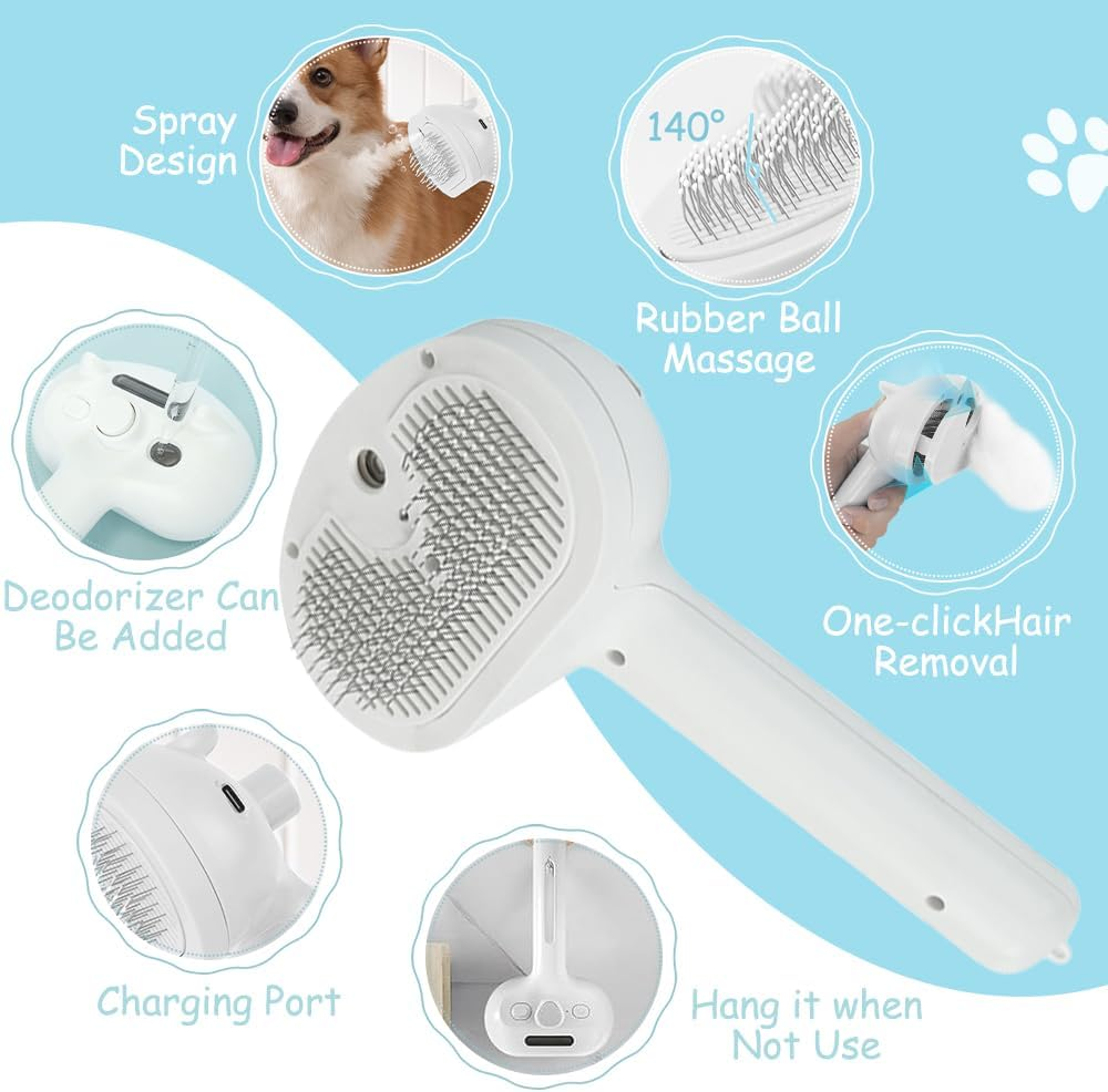 3-In-1 Cat Brush with Steam, Dog Brush with Steam, Clean Pet Hair from the Brush with One Button