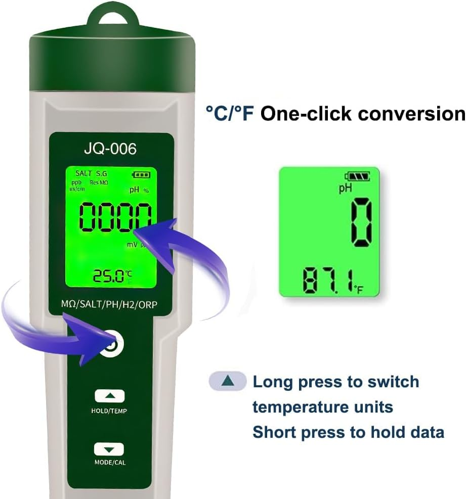 B-Qtech Digital PH Meter for 10 in 1 Pool, Ph/Tds/S.G/Ec/Salinity/M&omega;/H2/Opr/Fertility/Temp Salt Meter with LCD Screen for Drinking Water, Pool, Spa or Laboratory image number 2