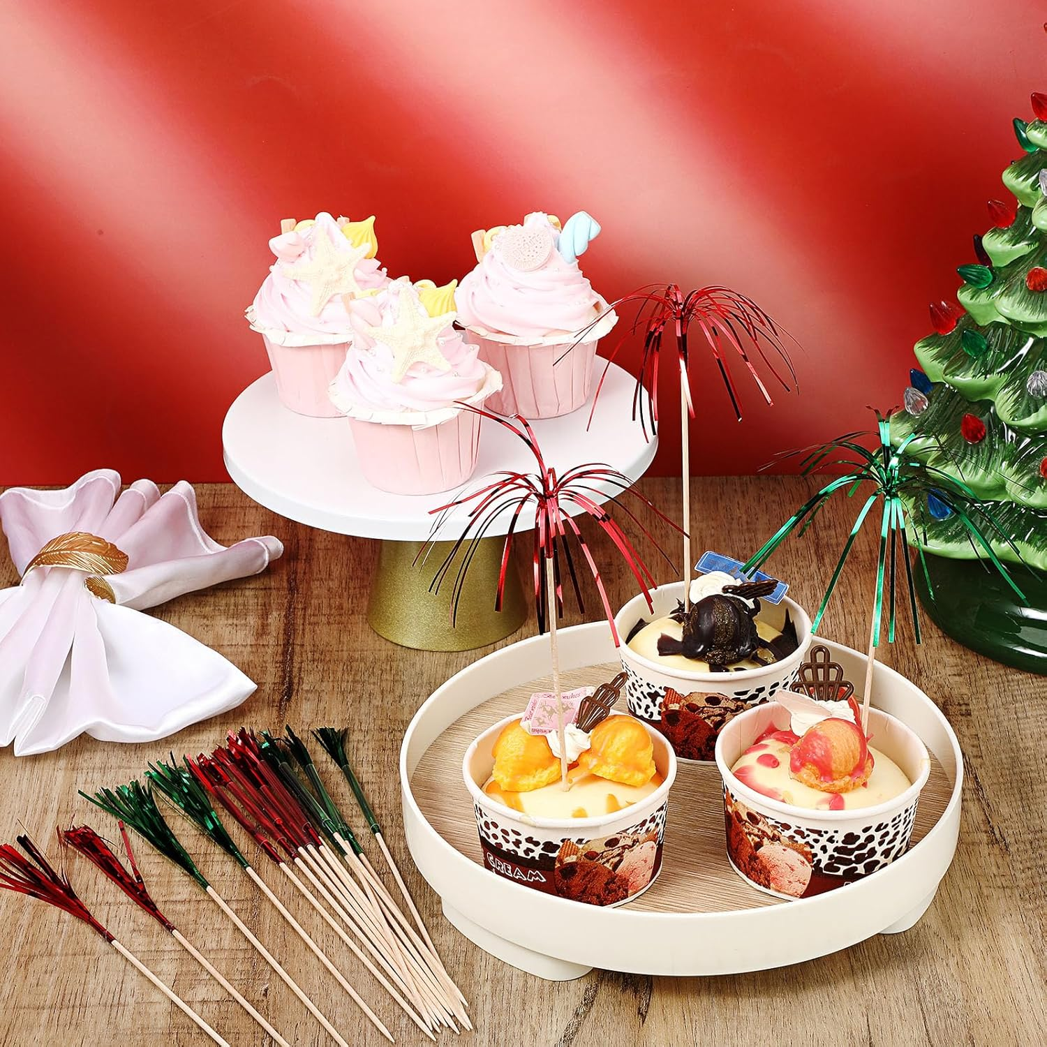 Baderke 150 Pcs Christmas Cocktail Picks, Cupcake Toppers Firework Design Bamboo Toothpicks Cocktail Skewers Sticks Food Picks for Party Decoration Celebration