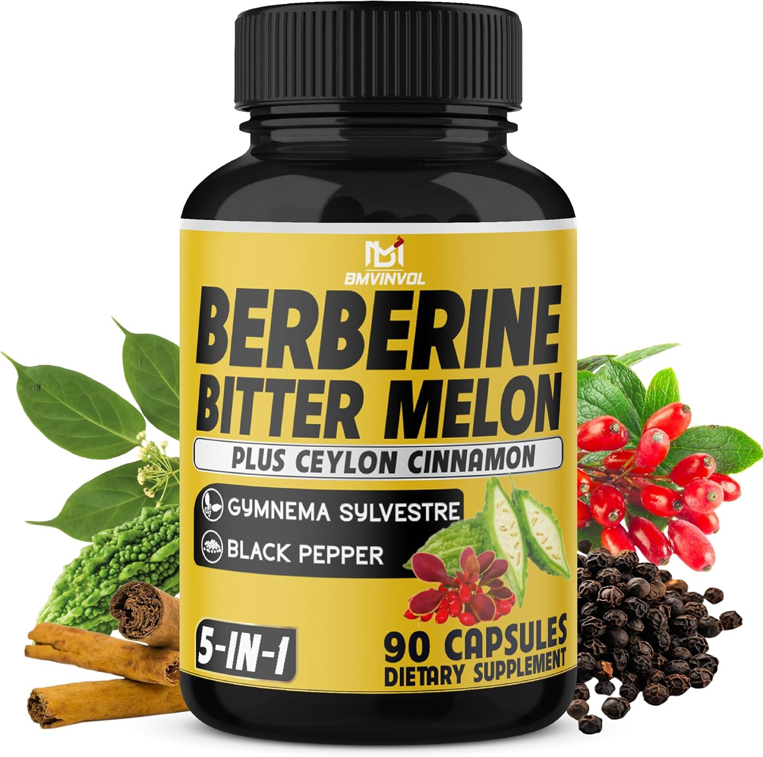 Berberine Hcl Supplement with Ceylon Cinnamon, Bitter Melon, Gymnema Sylvestre Extract - 90 Capsules image number 5