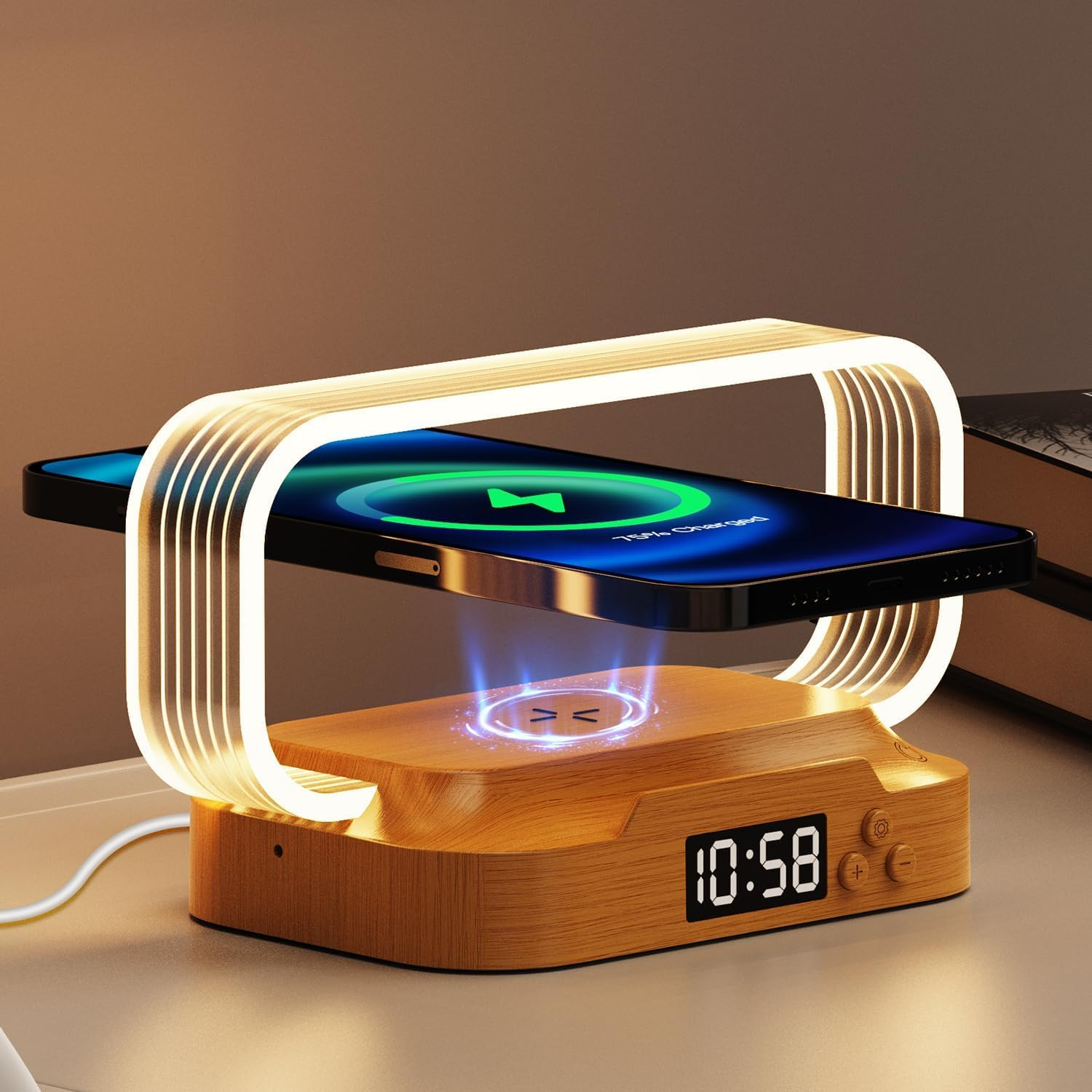 Haygem 15Wfast Wireless Charger Compact Table Lamp, Infinitely Dimmable, 3-Position Color Temperature, Clock Night Light, Use Bedroom, Office and Living Room Touch Bedside Lamp. image number 5