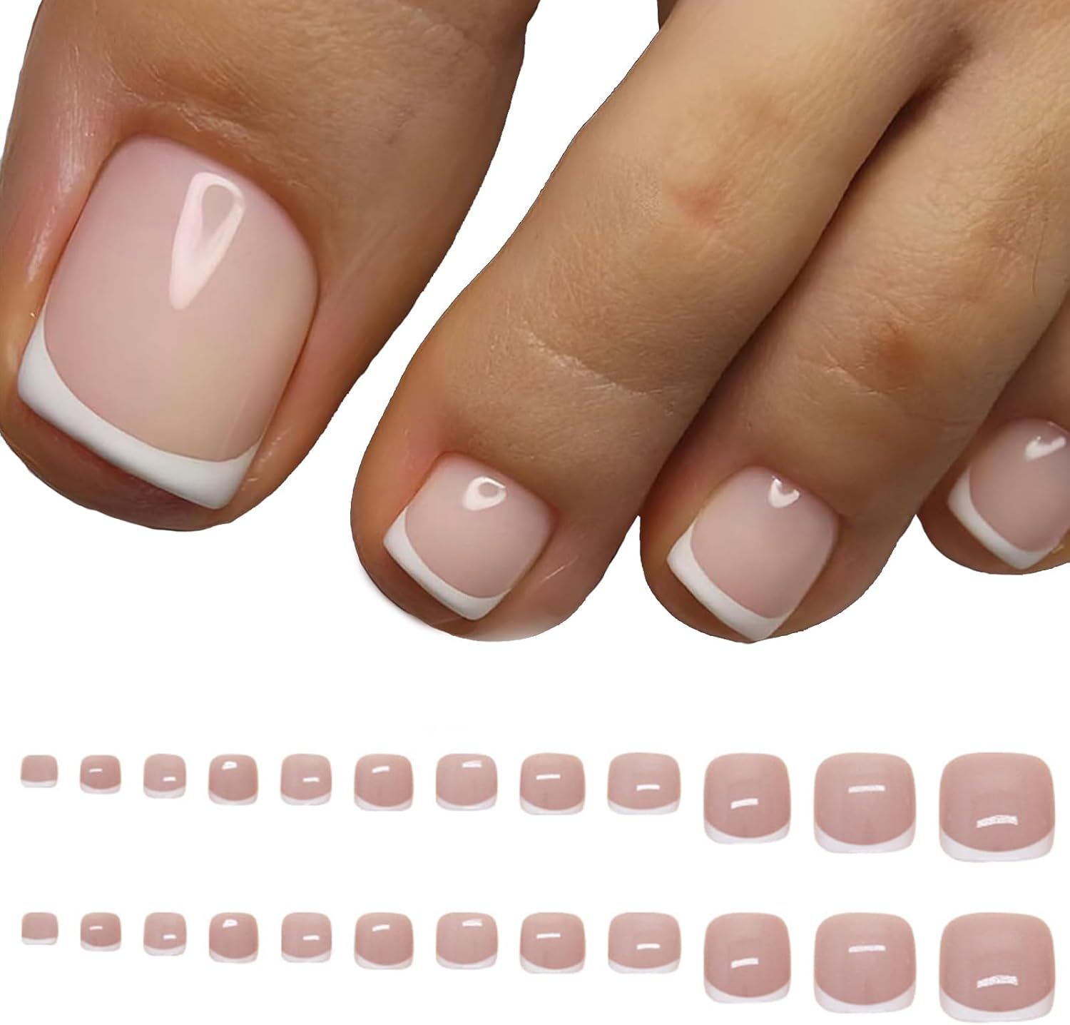 Press-On Toenails for Women-Short Square Glossy French Fake Toenails Pure Acrylic Full Cover Summer Nude Pink 24 Pcs in 12 Sizes with Gel Reusable Glue-On Toenails