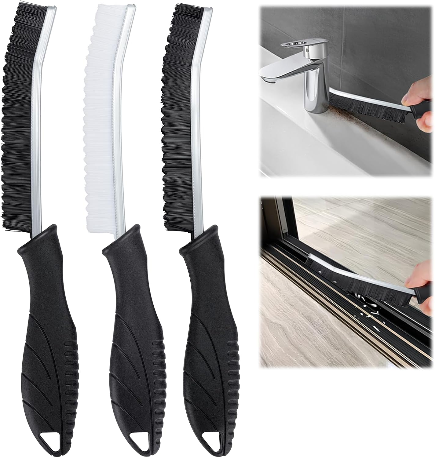 Shingidea 3 Pack Crevice Cleaning Brushes - Hard Bristle Scrub for Hard-To-Reach Spaces Bathroom, Kitchen, Toilet, Car Ergonomic Handle Gaps, Grout Lines, Window Tracks (2Black and 1White)