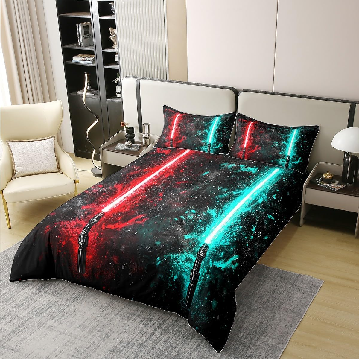 100% Cotton Neon Red Teal Lightsaber Bed Linen Set 200 X 200, Neon Glowing Lightning Comfort Cover for Children Teens, Fashion Games Duvet Cover Light Sword Technology Bed Set with 2 Pillowcases image number 4