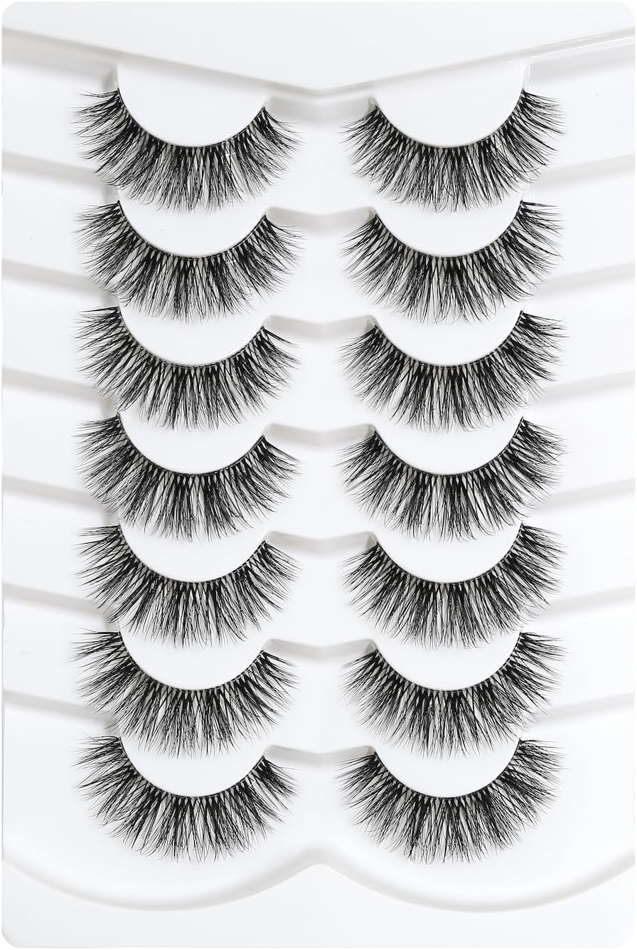 5D Fluffy Mink Eyelashes 14Mm Natural Clear Band Lashes Soft Faux Mink Lashes Wispy Fake Eyelashes Short Cross Reusable False Eyelashes 7 Pairs-Happy Heartbeat(No.202)