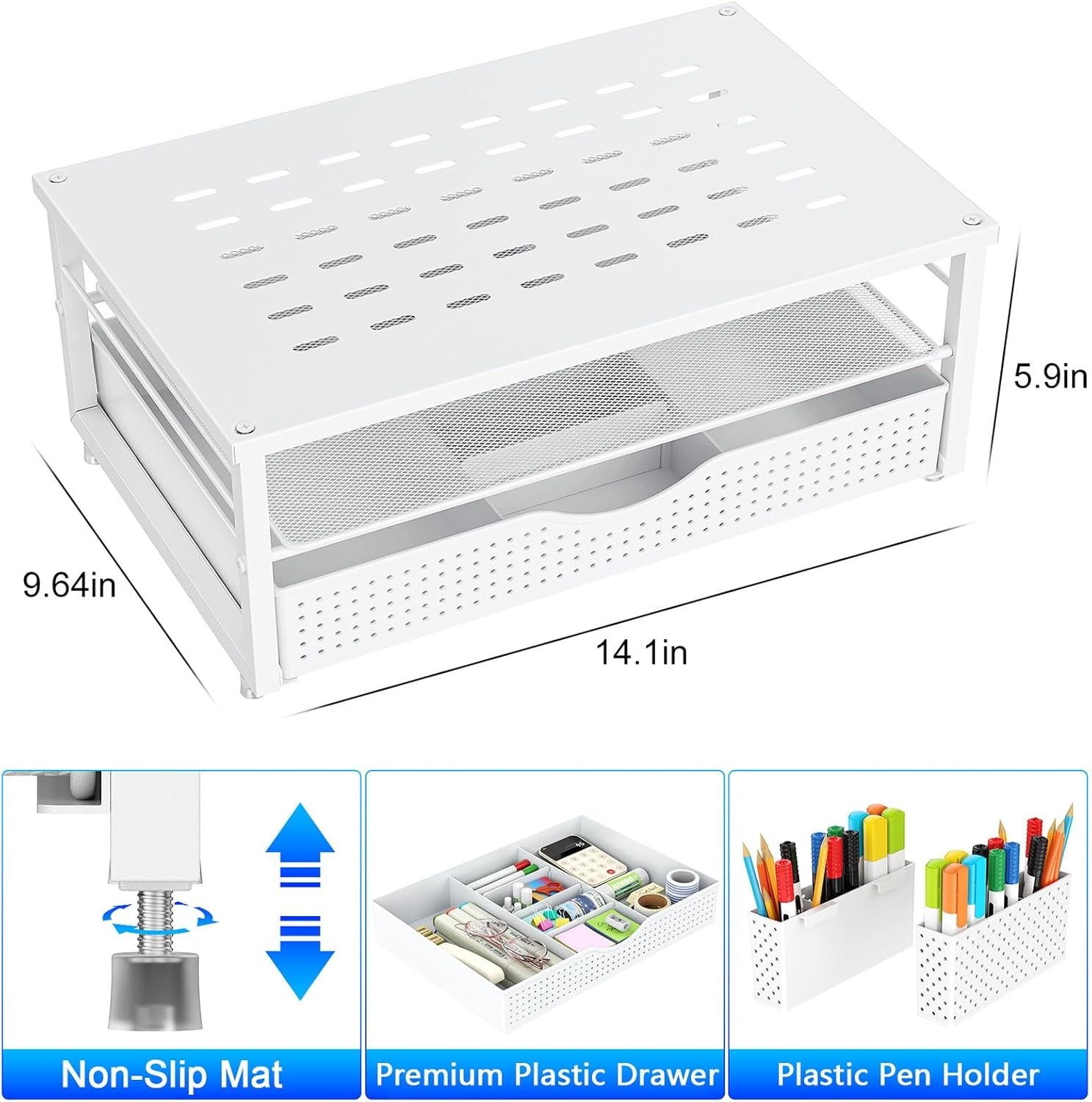 Gianotter Monitor Stand Riser, Desk Organizer with Drawer and Pen Holder, 2-Tier Computer Stand, Desk Accessories & Workspace Organizers(White) image number 4