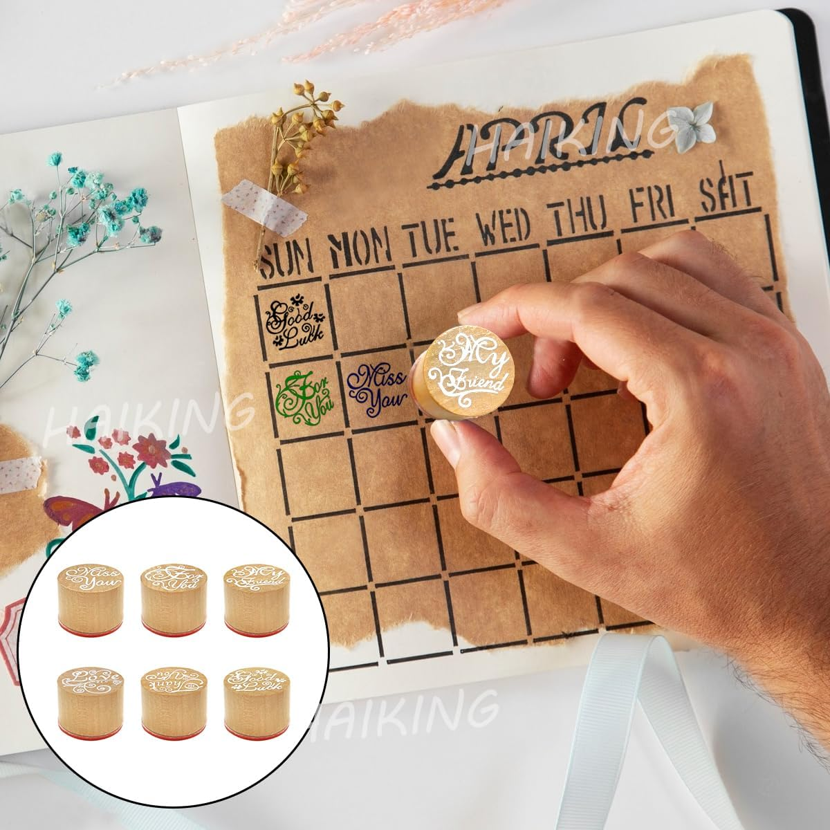 Wooden Stamper, 6 Pcs round Blessing Words Pattern Rubber Stamp Set for DIY Craft Card, Scrapbooking, Birthday Party Gift, Prize Bag Fillers (6 Style) image number 4