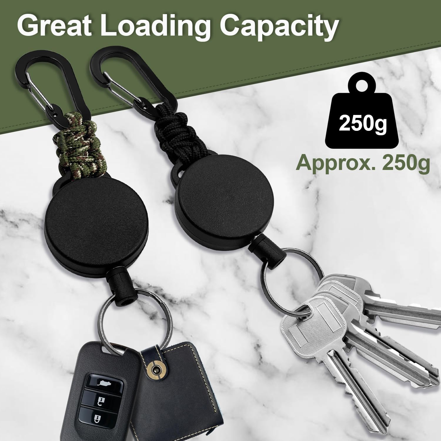 Retractable Keychain 2 Pack Heavy Duty Carabiner Badge Holder, Tactical ID Badge Reel Retractable Key Ring with 60 Cm Steel Extendable Cord and Paracord image number 1