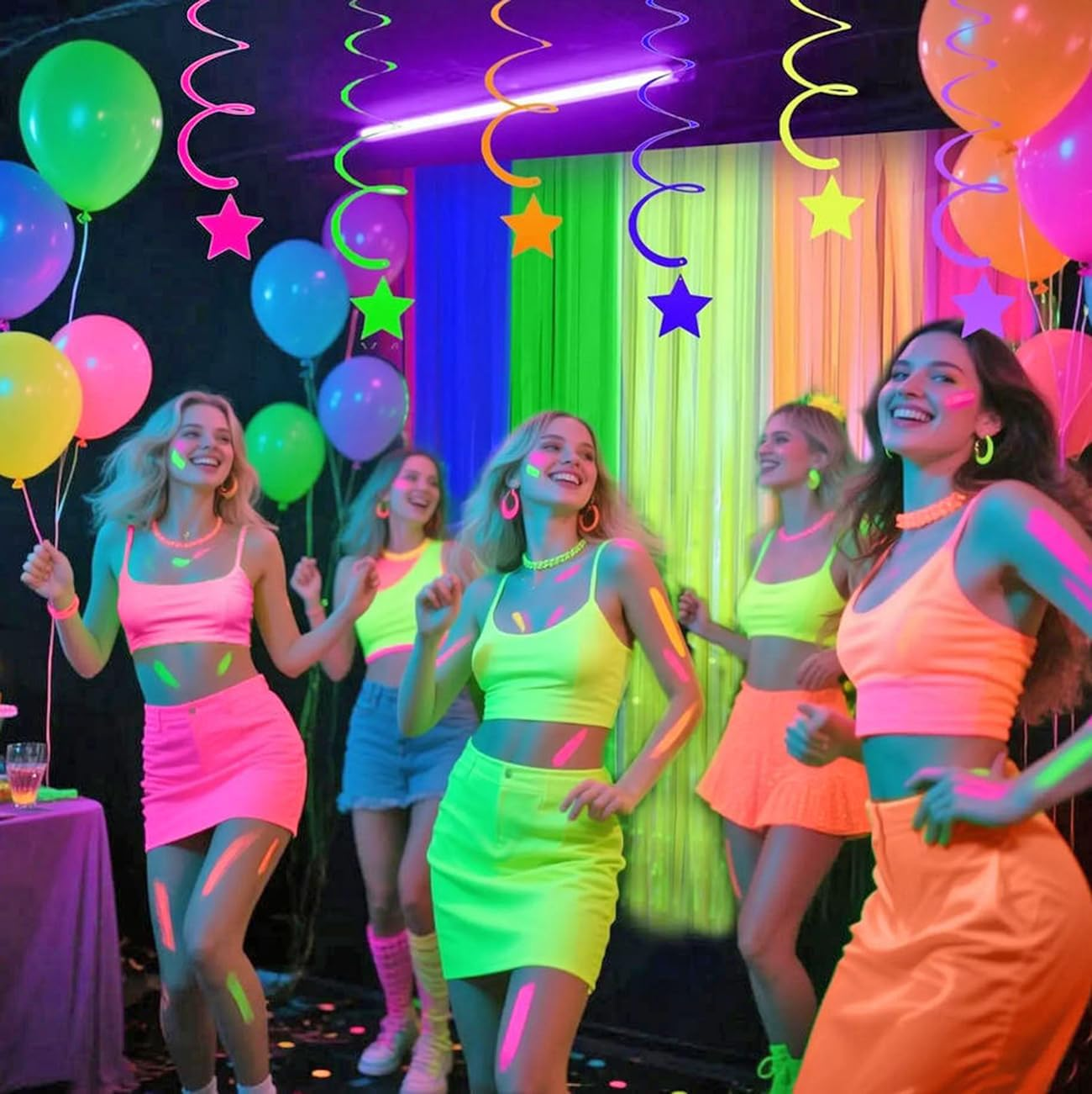 3Pack Matching Foil Fringe Curtain Backdrop Glow in the Dark Party Supplies Fluorescent Macaron Tassel Curtain Photo Booth Props Background Streamers Party Decoration image number 2