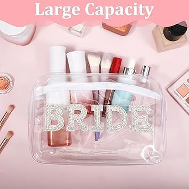 Clear Bride Makeup Bag for Women Bridesmaid Engagement Gift, Pearl Rhinestone Letter Patch Bride Pouch Gifts for Bachelorette Party Wedding Bridal Shower... (Clear, 1PC)