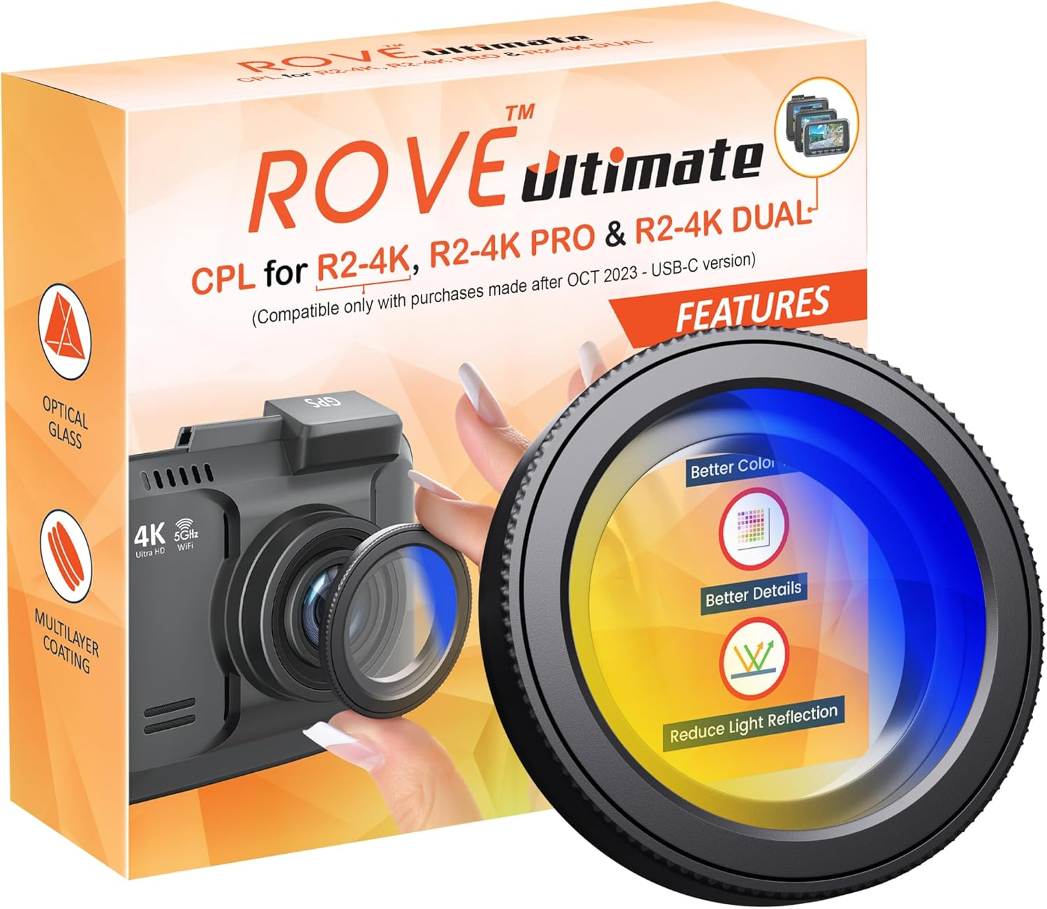 ROVE Ultimate CPL Filter, Anti-Glare Circular Polarizer Lens for ROVE R2-4K, R2-4K PRO, and R2-4K Dual Dash Cam Models image number 3