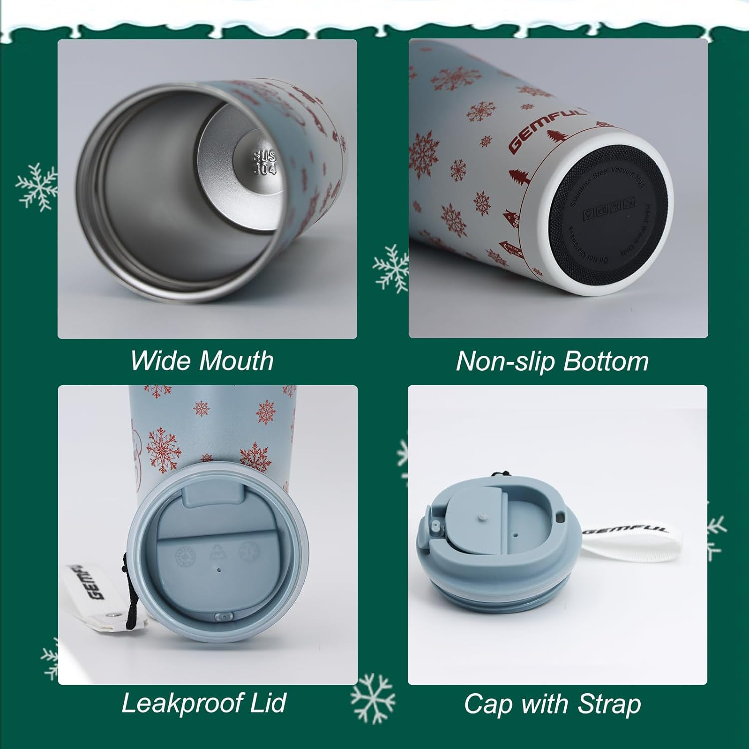 GEMFUL Christmas Coffee Tumbler Screw on Lid 510 Ml Stainless Steel Thermal for Women Friends or Coworker - 2 Pack(Blue+Red) image number 7