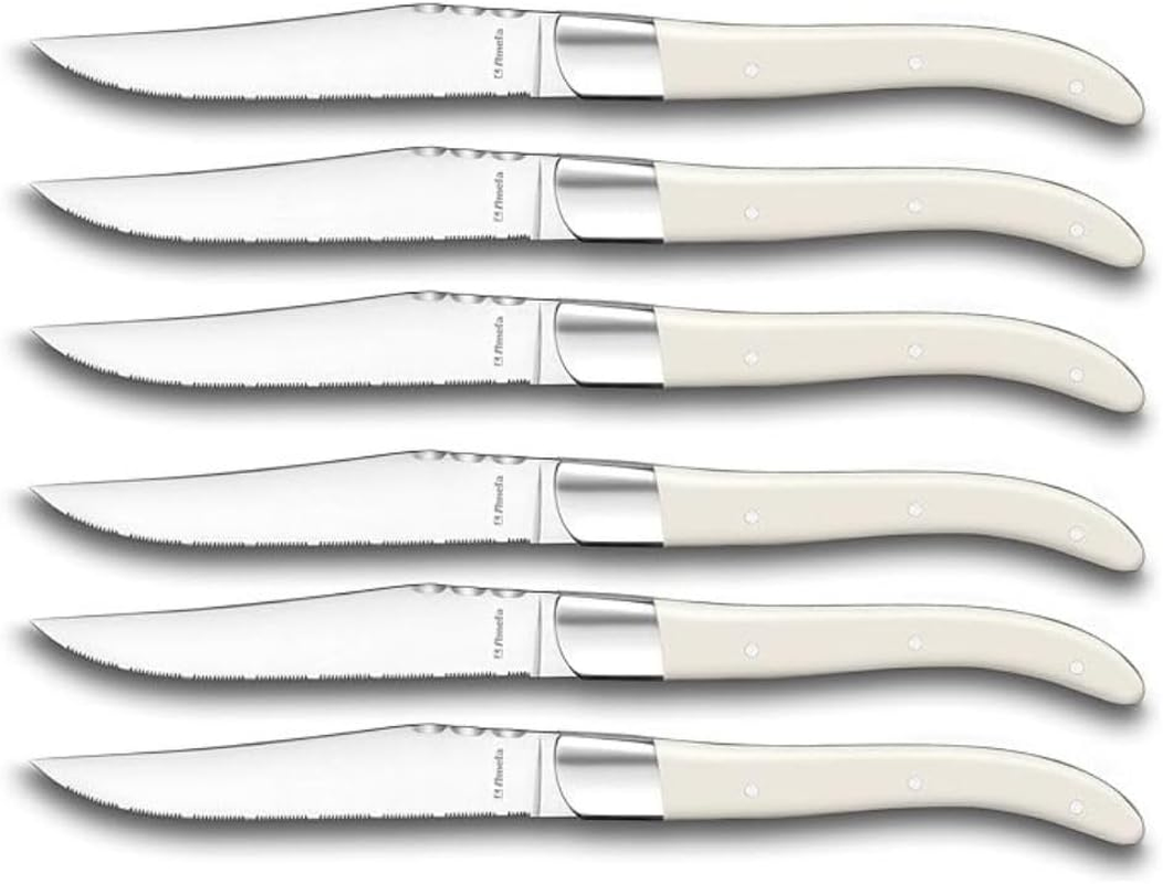 Amefa Lou Laguiole Louis Steak Knife Set, 6 Pieces, White Handles, Micro Serrated Edge with Long-Lasting Sharpness, Super Sharp & Cut, Steak Cutlery, Professional Steak Set