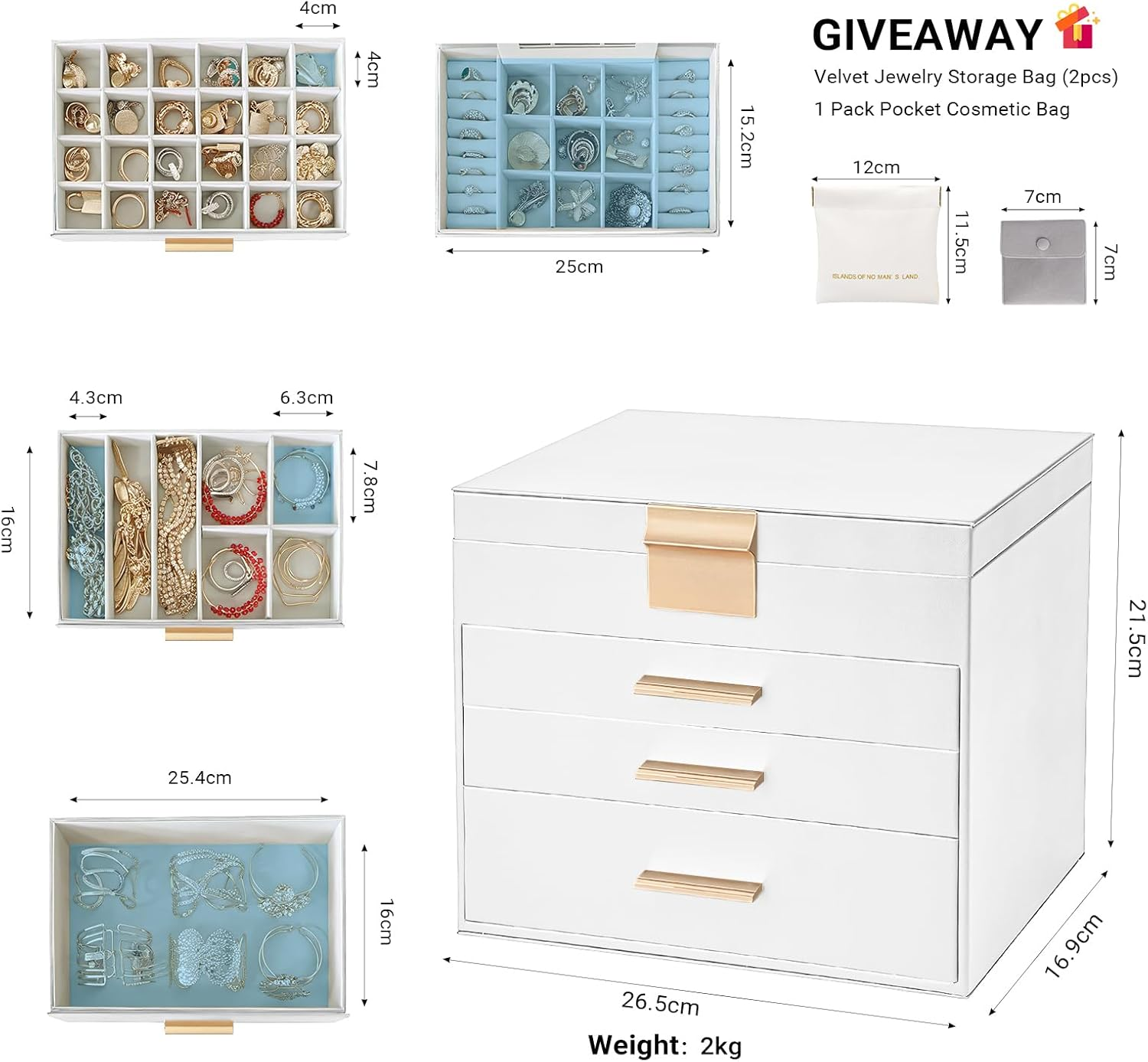 LIAN Large Jewelry Box Organizer 4 Layer Jewelry Holder Organizer with Mirror Leather Jewelry Case for Necklace Earrings Bracelet Storage for Women Girls(4 Layer White) image number 7