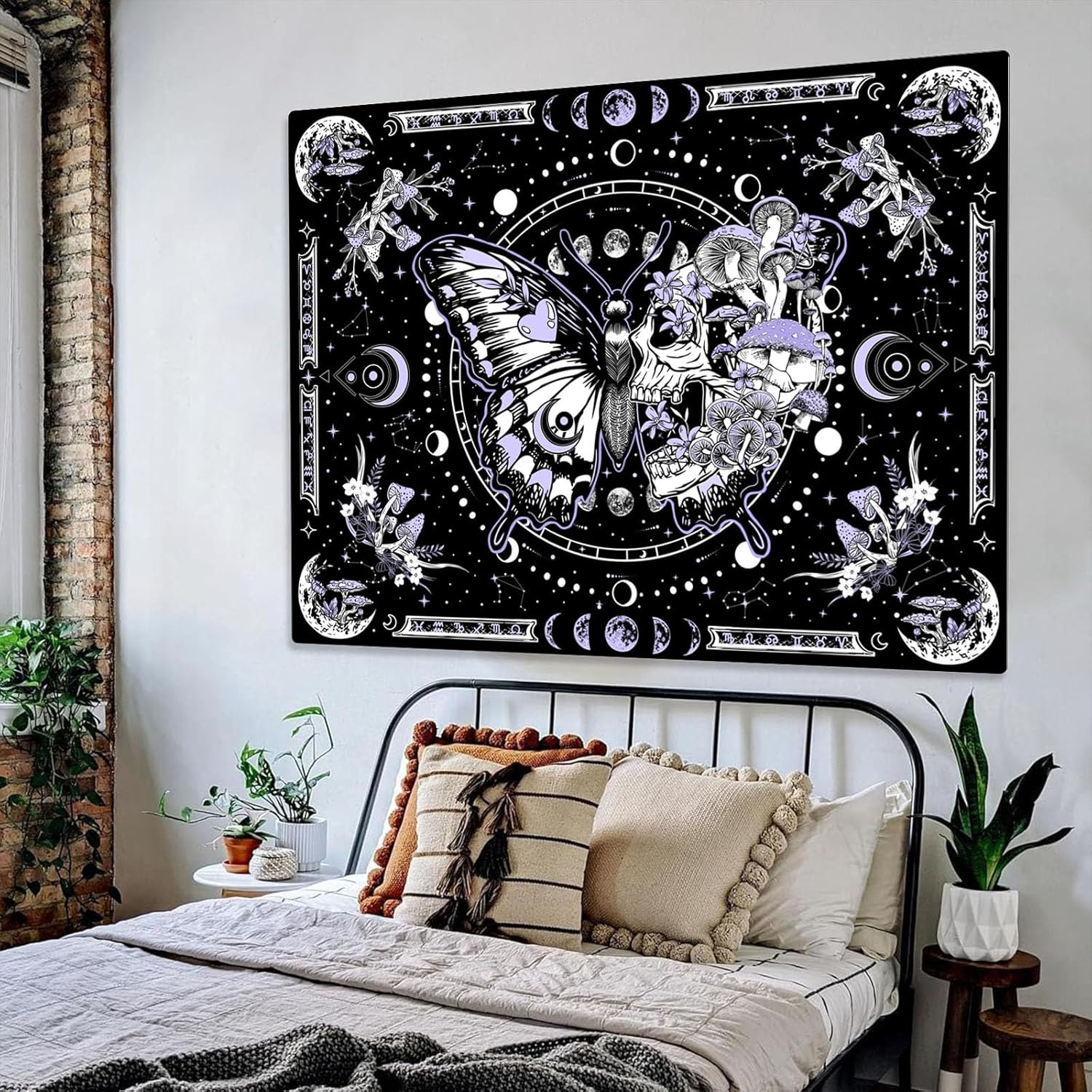 Fungarth Skeleton Butterfly Tapestry Purple Skull Hippie Mushroom Plants Tapestry for Bedroom Moon Phase Aesthetic Tapestries Wall Hanging for Living Room Dorm (60.00&rdquo; X 80.00&rdquo;, Purple)