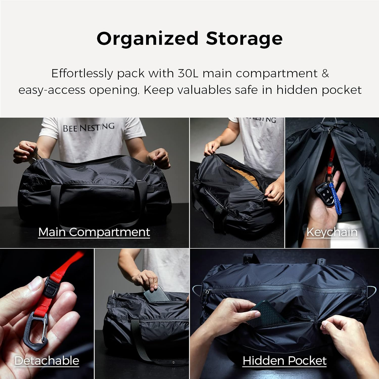 Bee Nesting Ultralight Travel Duffle Bag Foldable Travel Bag YKK Zipper 30D Cordura Waterproof Nylon Fabric Weekender Bag Overnight Bag for Travel, Gym, Sports (Black, 30L)