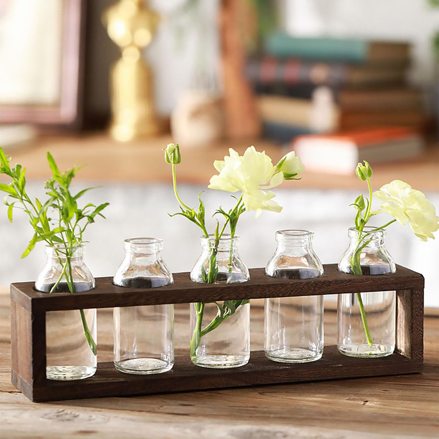 ATDORO Plant Propagation Station, Desktop Glass Planter with 5 Vase, Wooden Frame Hydroponic Glass Vase, Plant Terrarium with Wooden Stand, for Indoor Live Hydroponics Plants Office Home Garden Decor image number 2