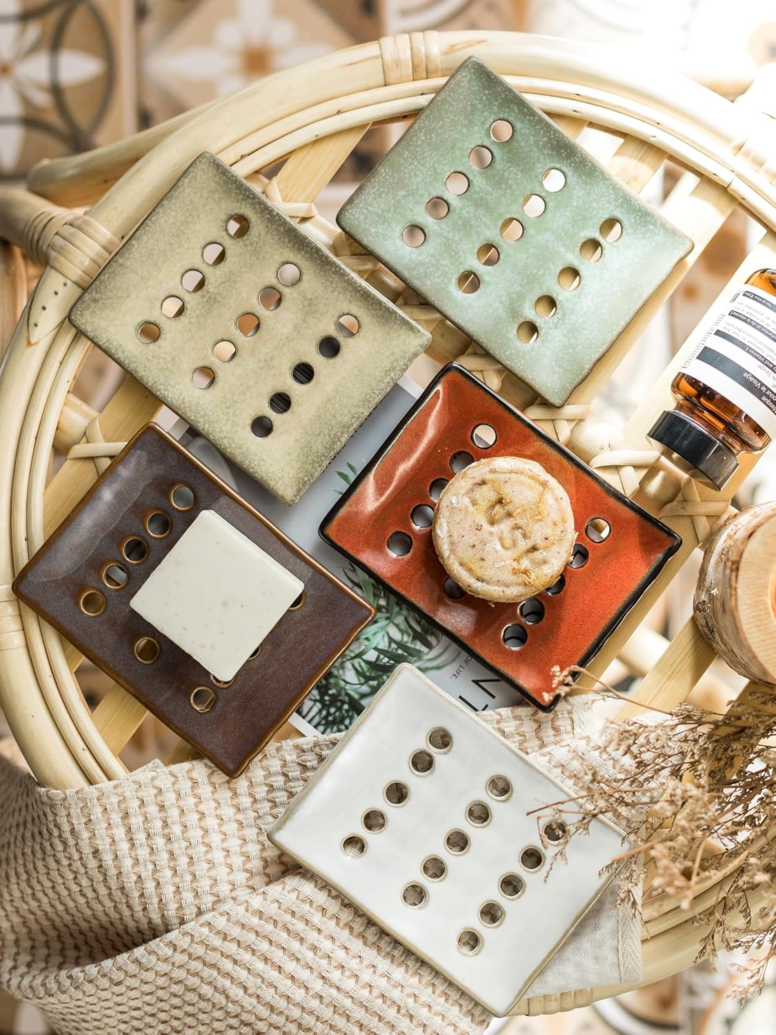 Cormomu Soap Holder, Ceramic Soap Dish for Shower, Japanese Soap Tray with Self Drain for Sponges, Bath Tub, Bathroom, and Kitchen Sink, Purple - Red image number 3