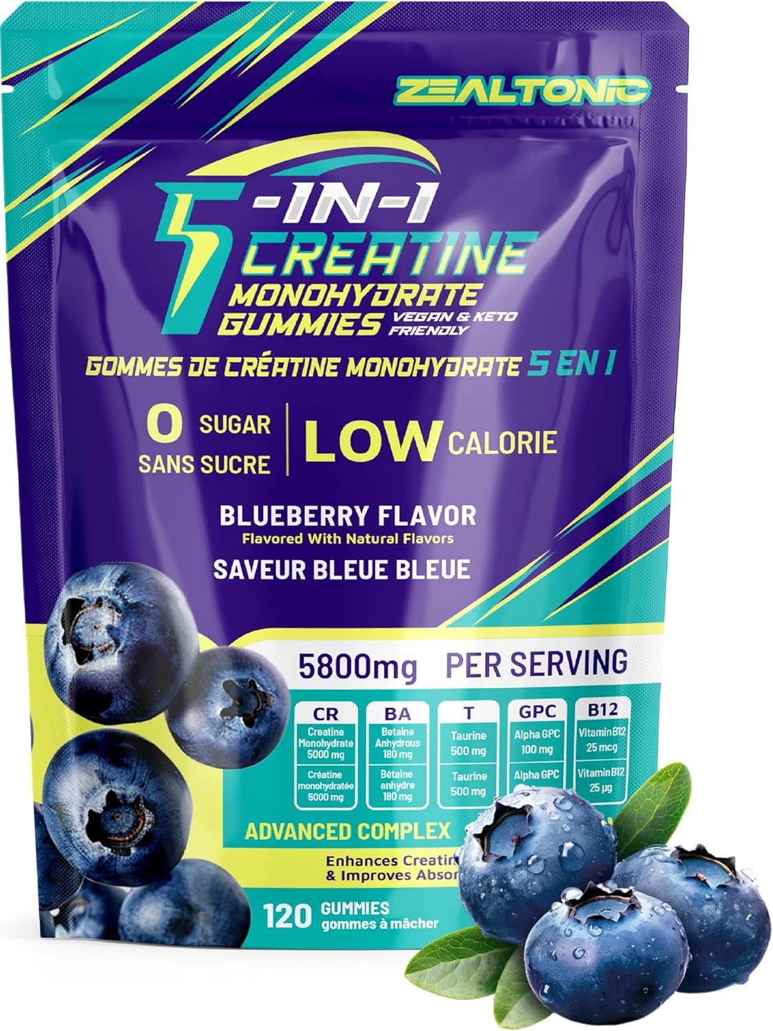 Creatine Monohydrate Gummies 5800Mg with Betaine & Alpha GPC | 0 Sugar | Pre Workout Energy Booster for Men & Women | Muscle Growth & Boost Strength & Faster Recovery | Pineaple Flavor(120 Count, Blueberry)