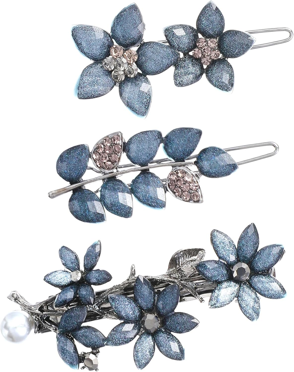 3 PCS Vintage Rhinestone Hair Clips, 2 Inch Ink-Blue Sparkly Crystal Flower Small Hair Barrettes Fancy Decorative Hairpin Wedding Hairs Accessories for Women Girls Bride Engagement Prom Valentines image number 6