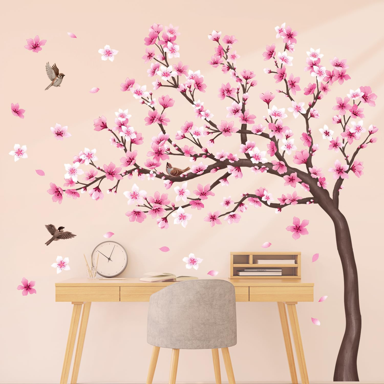 DECOWALL SG4-2431 Cherry Blossom Tree Wall Stickers Decals Kids Room Bedroom Living Flower Branch D&eacute;cor Pink Tv Birds Art Background Peel and Stick image number 2
