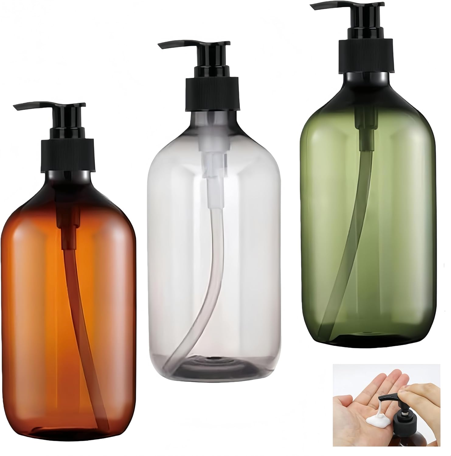 3 Pack 500Ml Empty Lotion Pump Bottles,Plastic Shower Gel Bottles,Empty Plastic Pump Bottles Dispenser,Portable Shampoo Lotion Hand Pump Bottle,For Hand Sanitizer Shampoo Lotion(Brown & Green&Clear) image number 3