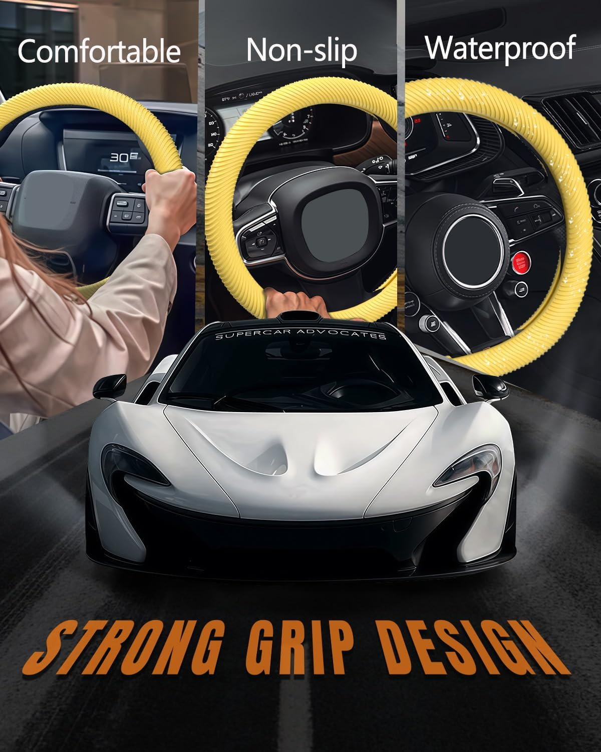 WOCOCN Car Steering Wheel Cover, Thin Anti-Skid Silicone Steering Wheel Cover for Men & Women, Universal Automotive Interior Accessories for Most Cars (Bright Yellow) image number 4