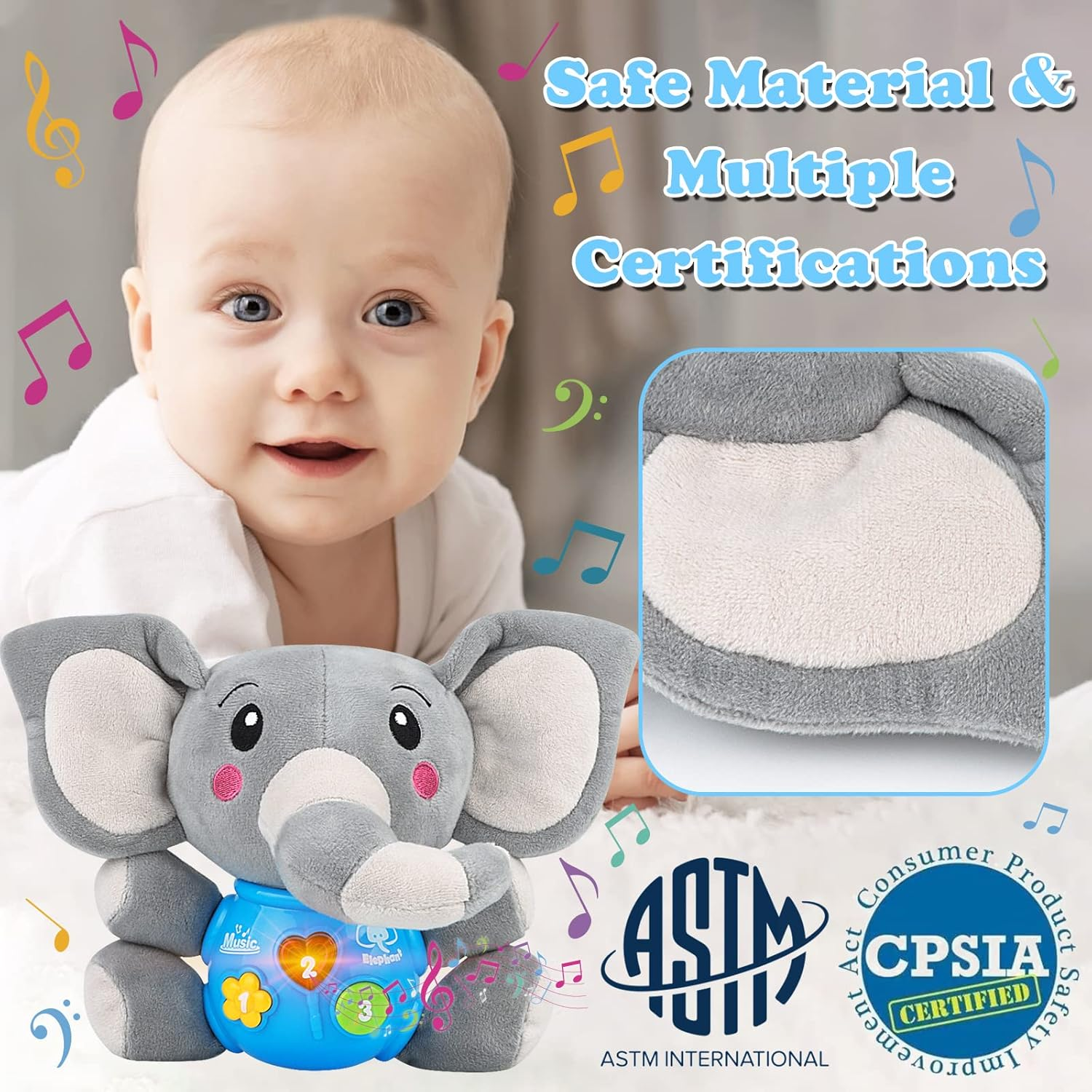 Plush Musical Baby Toys, Cute Elephant Stuffed Animal Infants Toys for 3-6-12 Months Boys & Girls & 0-6 Months Baby Stuff, Newborn Boys Gift,Infant Light Music Time,Baby Music Toys image number 6