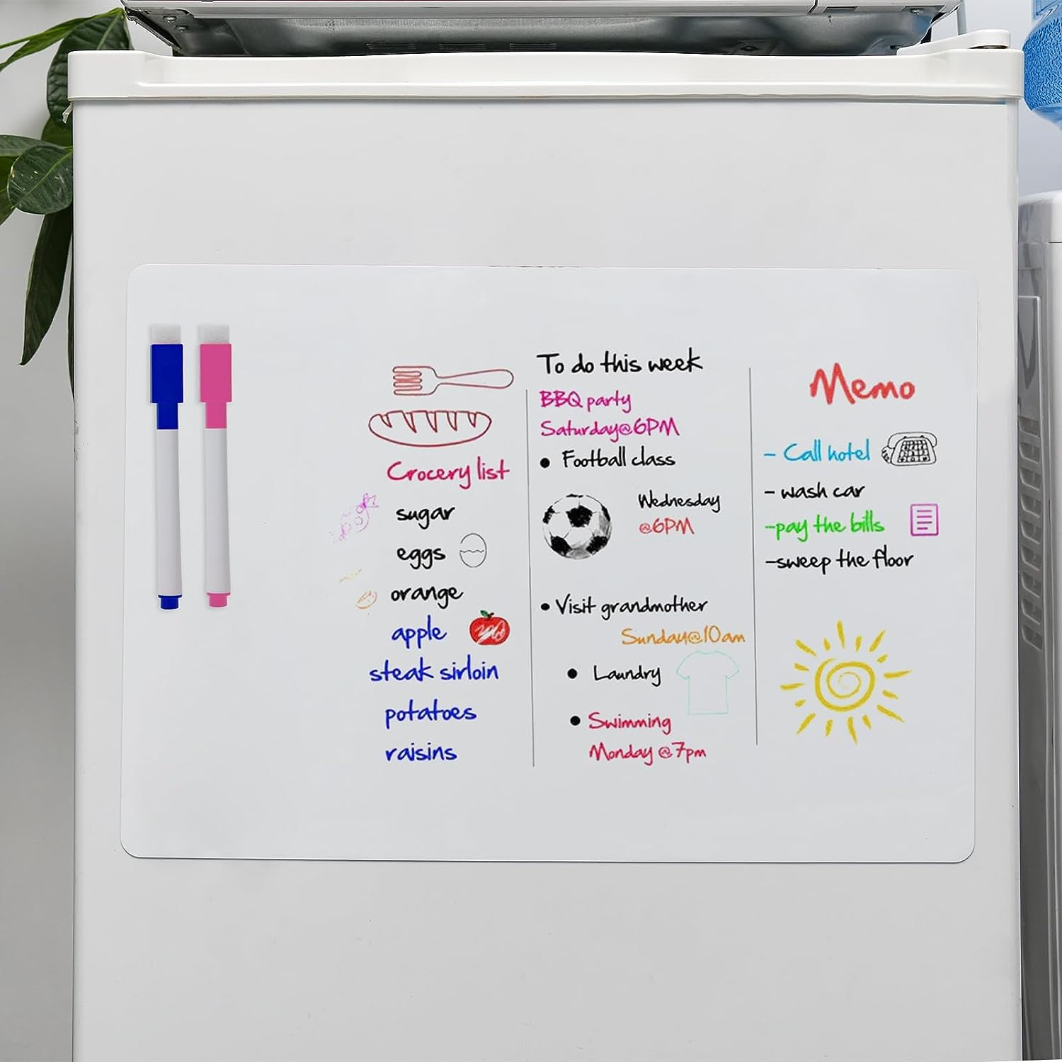 Hisredsun A3 2 Pcs Magnetic Dry Erase Whiteboard Sheet for Fridge,Small Magnet Fridge Message Boards with 8 Pens,1 Eraser,Reminder Sticker, Monthly Planner, Grocery List image number 1
