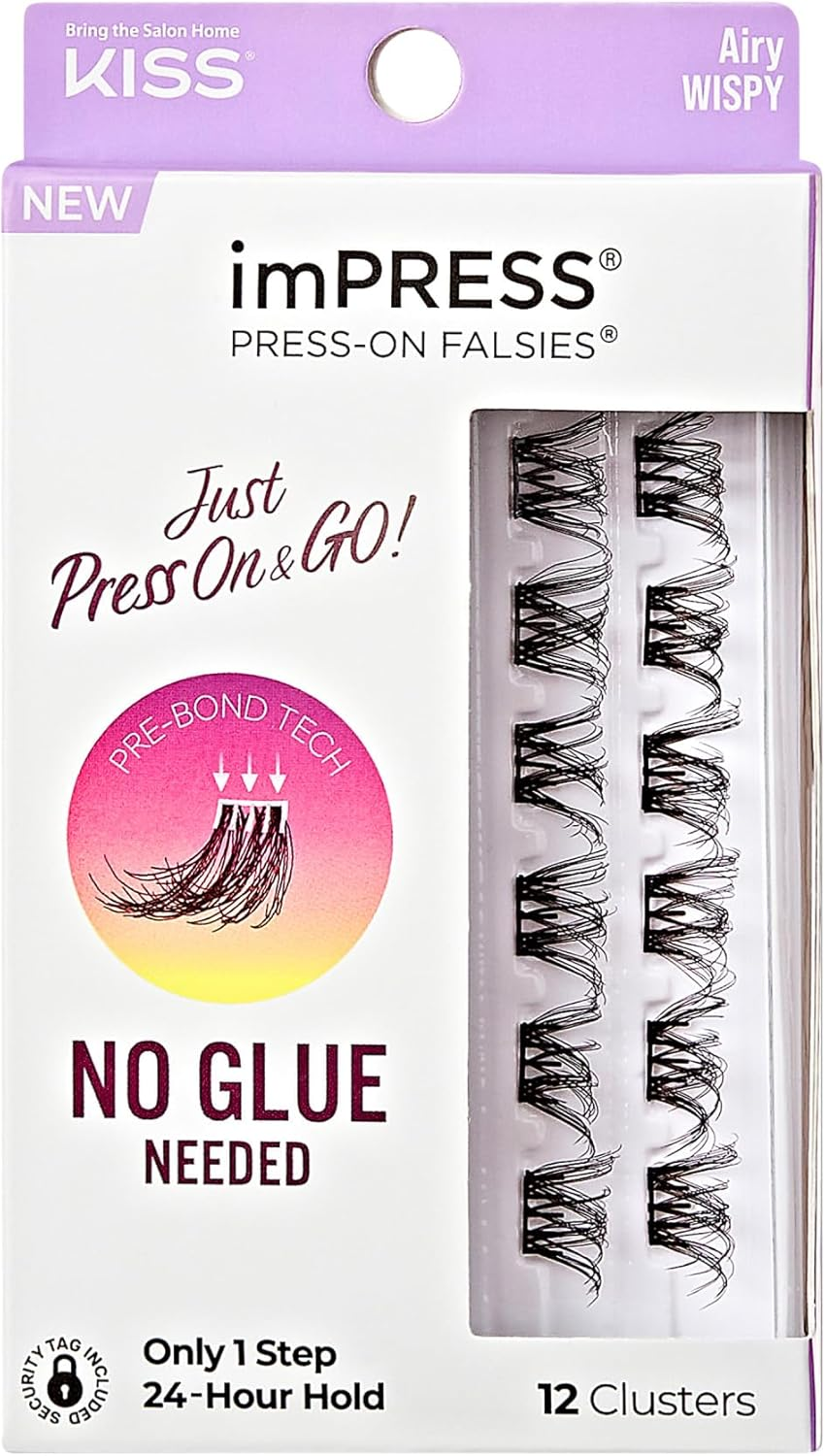 KISS Impress Falsies Press on Self Adhesive Eyelashes, 12Mm-14Mm Natural Volume Press on Lashes, Black, No Glue Needed, Invisible Band, 12 Lash Clusters - Airy image number 5