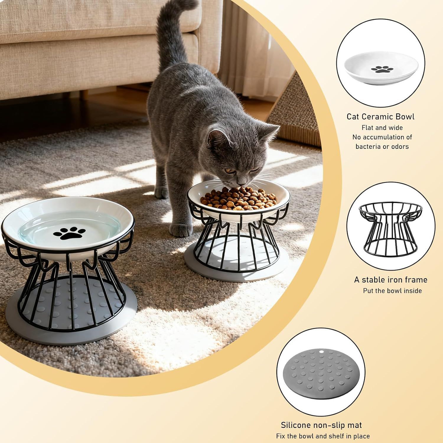 Set of 2 Raised Cat Bowls with Metal Stand, Cat Bowls, Feeding Bowl, Cat Set with Raised Stand, Metal Holder, Pet Feeding Bowl, anti Vomiting Cat Bowl for Cats and Puppies image number 5