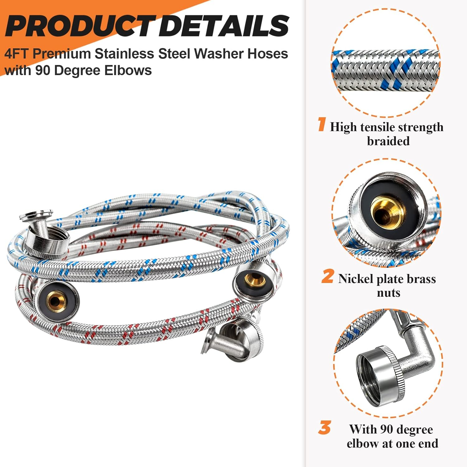 【UPGRADED】4FT Stainless Steel Washer Hoses with 90 Degree Elbows by Beaquicy - 2 Pack No-Lead Burst Proof Hot & Cold Water Connection Inlet Washer Supply Lines image number 2
