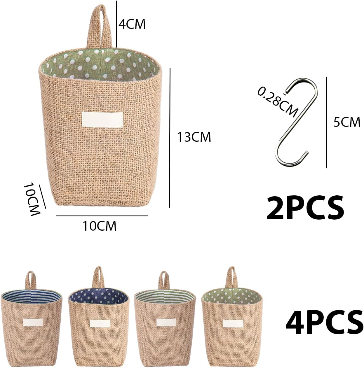 4 Linen Hanging Bags, Storage Bags, Hanging Storage Baskets, Desk Organisation, Foldable Storage Baskets, Removable and Foldable, with S Hooks, Toy Storage image number 5