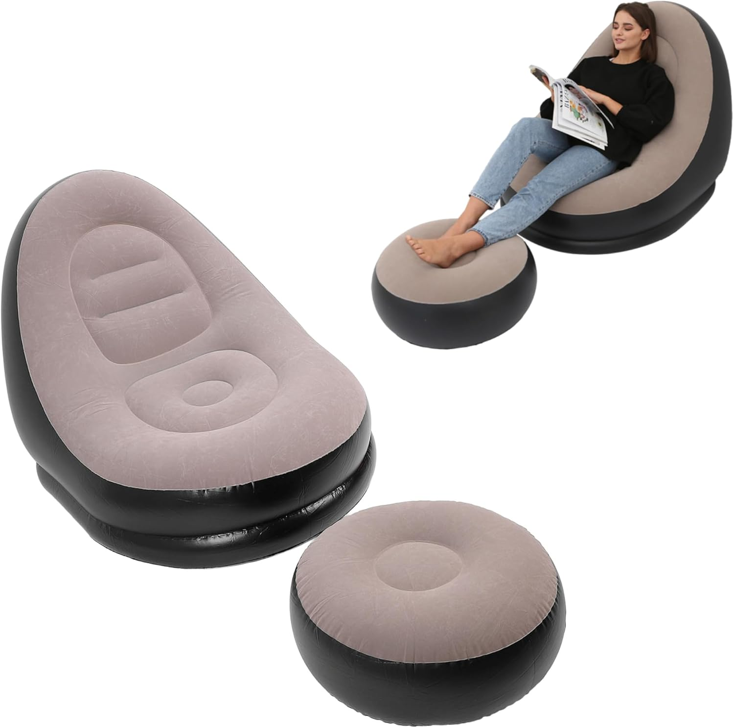 Bewinner Inflatable Sofa Chair with Footstool, Stylish Blow up Chair, Flocking Lounge Sofa Soft Camping Chair for Living Room Outdoor Travel Camping (Coffee) image number 3