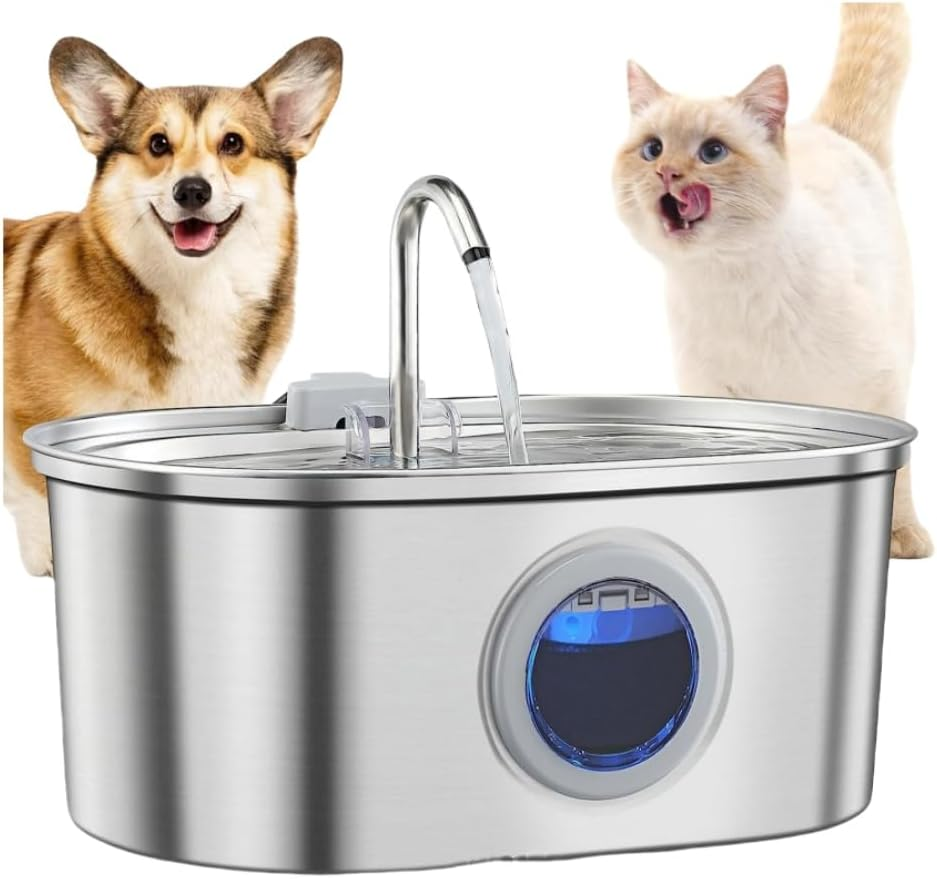 Monehet Pet Water Fountain 3.2L Stainless Steel Pet Fountain Cat Water Fountain Dog Water Dispenser with Water Level Window and LED Light, Ultra-Quiet Pump (White, Runway Filter Element 8+8)