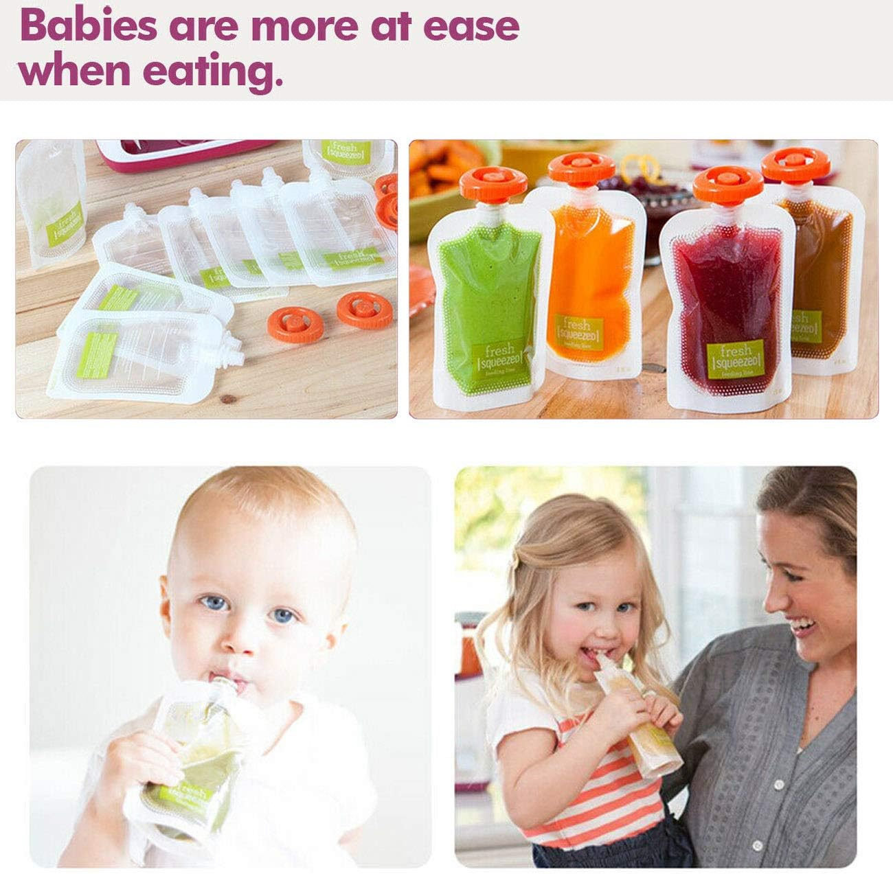 Pack of 50 Food Fruit Juice Puree Pouches Storage Bags Food Container Baby Children Infant Toddlers Feeding Supplies, Portable and Disposable, Clean and Healthy image number 2