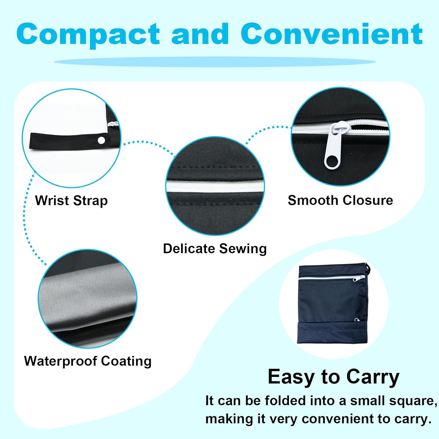 2 Pack Travel Laundry Bag with 2 Zippered Pockets & Handle 39 * 45Cm Water-Resistant Wet Dry Bags for Dirty Clothes, Gym, Swimming, Yoga, Bathing Suits (Black + Grey) - 1 Black + 1 Grey image number 4