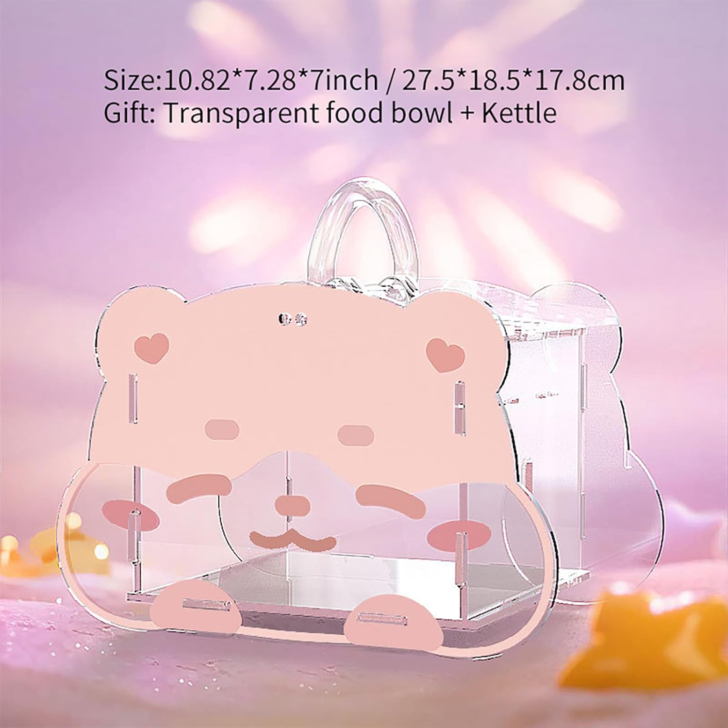 LIFEBEA Portable Hamster Carrier &ndash; 360&deg; Clear Acrylic Travel Cage with Water Bottle & Food Bowl | Ventilated Small Animal Transport for Dwarf Hamsters, Guinea Pigs, Sugar Gliders (Pink) - Pink image number 2