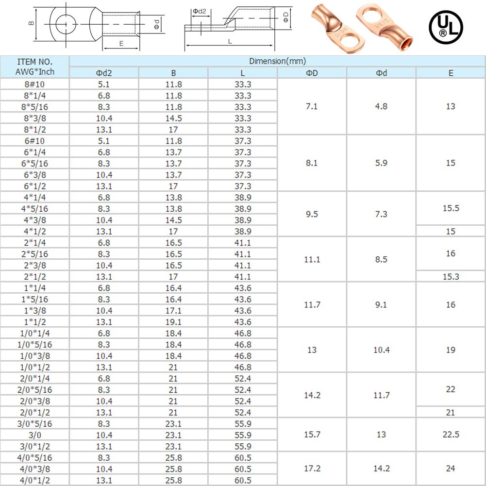 Ampper Heavy Duty Copper Wire Lugs, UL Eyelets Ring Crimp Copper Terminal Connectors for Battery Cable Ends and More (2 Awg, 3/8" Ring, 10 Pcs) image number 1