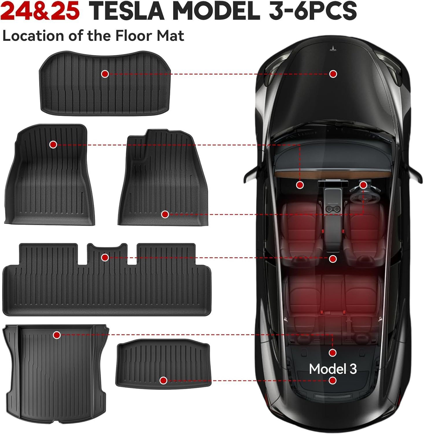 MCEVKELN 2024-2025 Tesla Model 3 Highland Floor Mats- Custom Fit All Weather TPE Cargo Liner Cargo Trunk Accessories,Compatible(Model 3 Full Floor Mat Kit Set of 6) image number 6