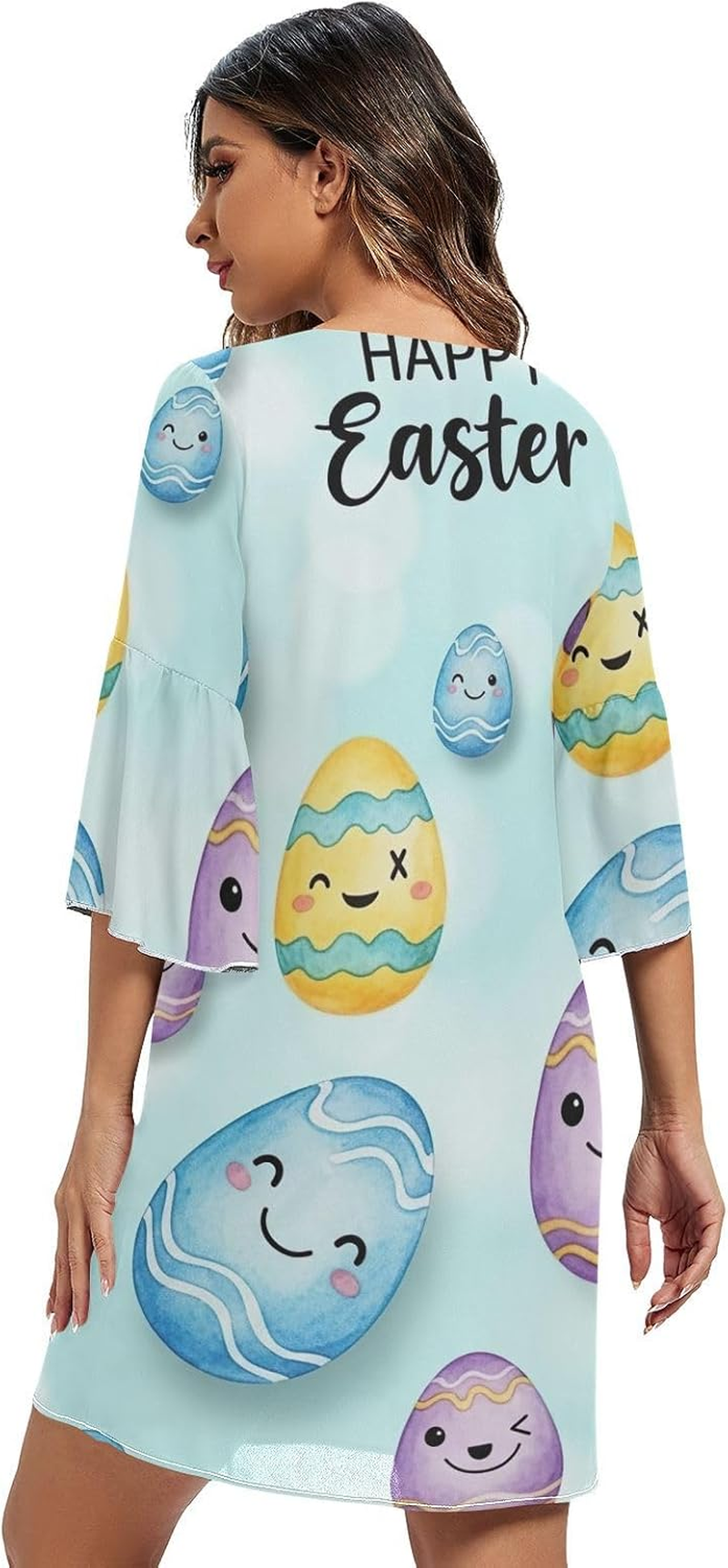 Funny Easter Eggs Blue Chiffon V Neck Dress Printed Maternity Dress Party image number 1