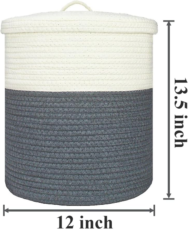 Yimi'S Dream Storage Basket with Lid, Cotton Rope Woven Storage Basket, Small Storage Bins, Nursery Organizers and Storage, Baby Toy Laundry Basket (White & Grey, 12D X 13.5H Inches) - Whiteblacksuture - With Lid(1 Pack) image number 4